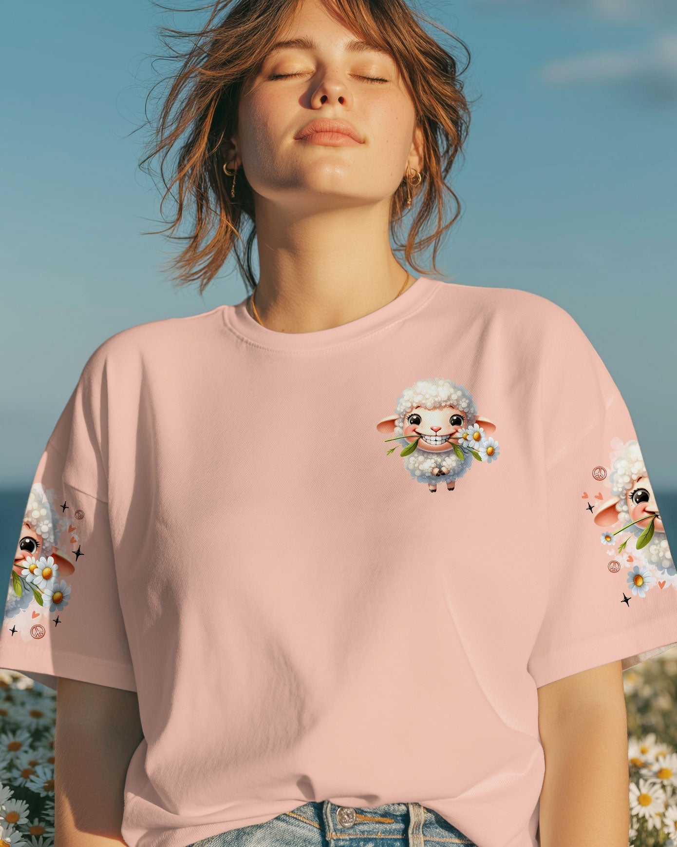 Be the Reason Someone Smiles Today Cute Sheep Design with Daisy Flowers AOP Shirts _14_ VPfyP