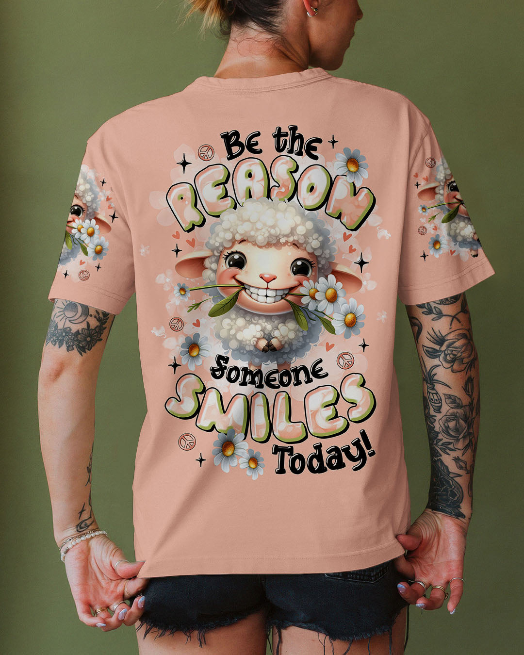 Be the Reason Someone Smiles Today Cute Sheep Design with Daisy Flowers AOP Shirts _3_ sT1d9