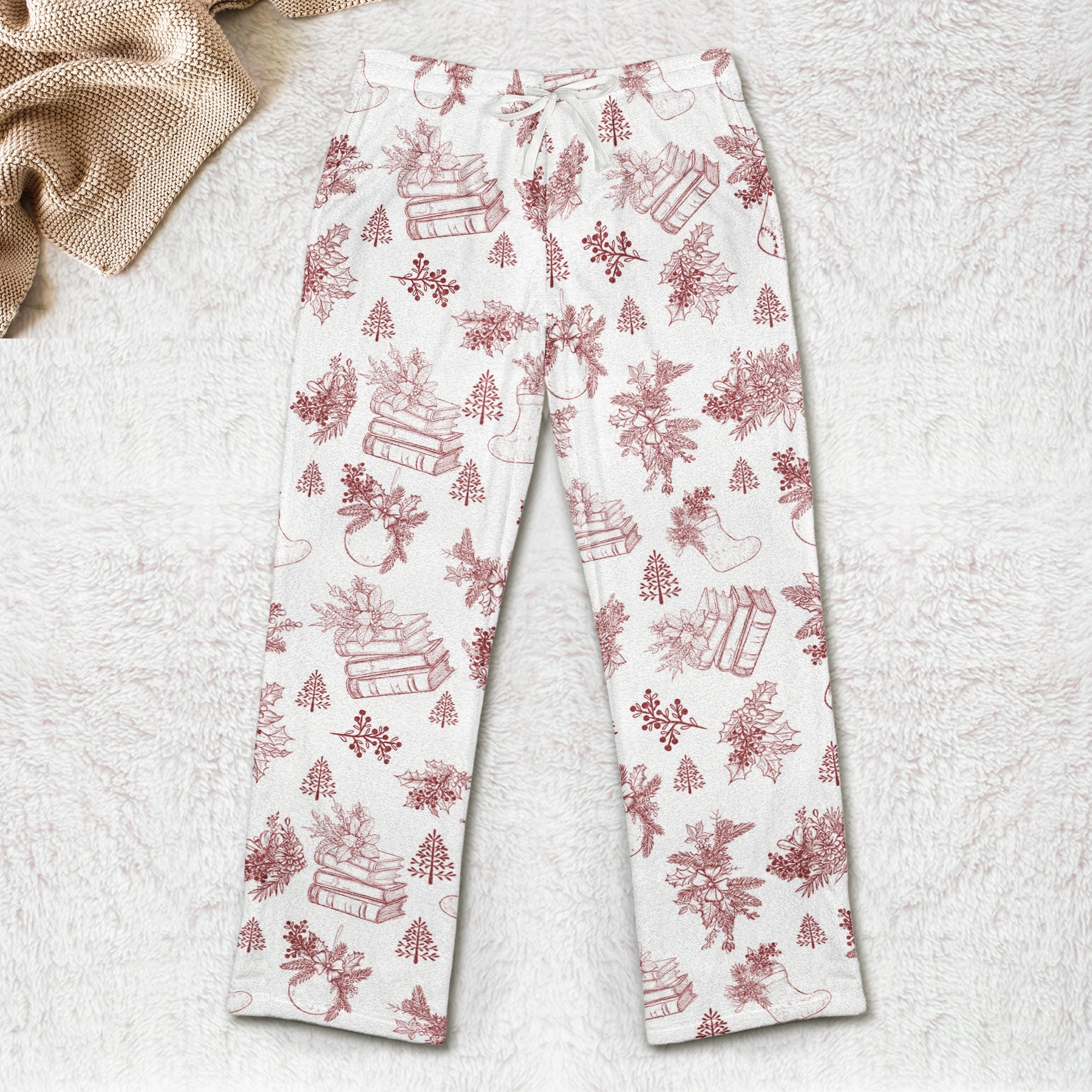 Book Wine Baking Knitting Lover Toile De Jouy Personalized Fleece Pajama Pants_3