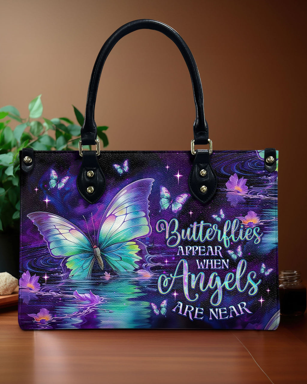 Butterflies Appear When Angels Are Near Angel Butterfly Purple Spiritual Leather Bag _1_ QmL0q
