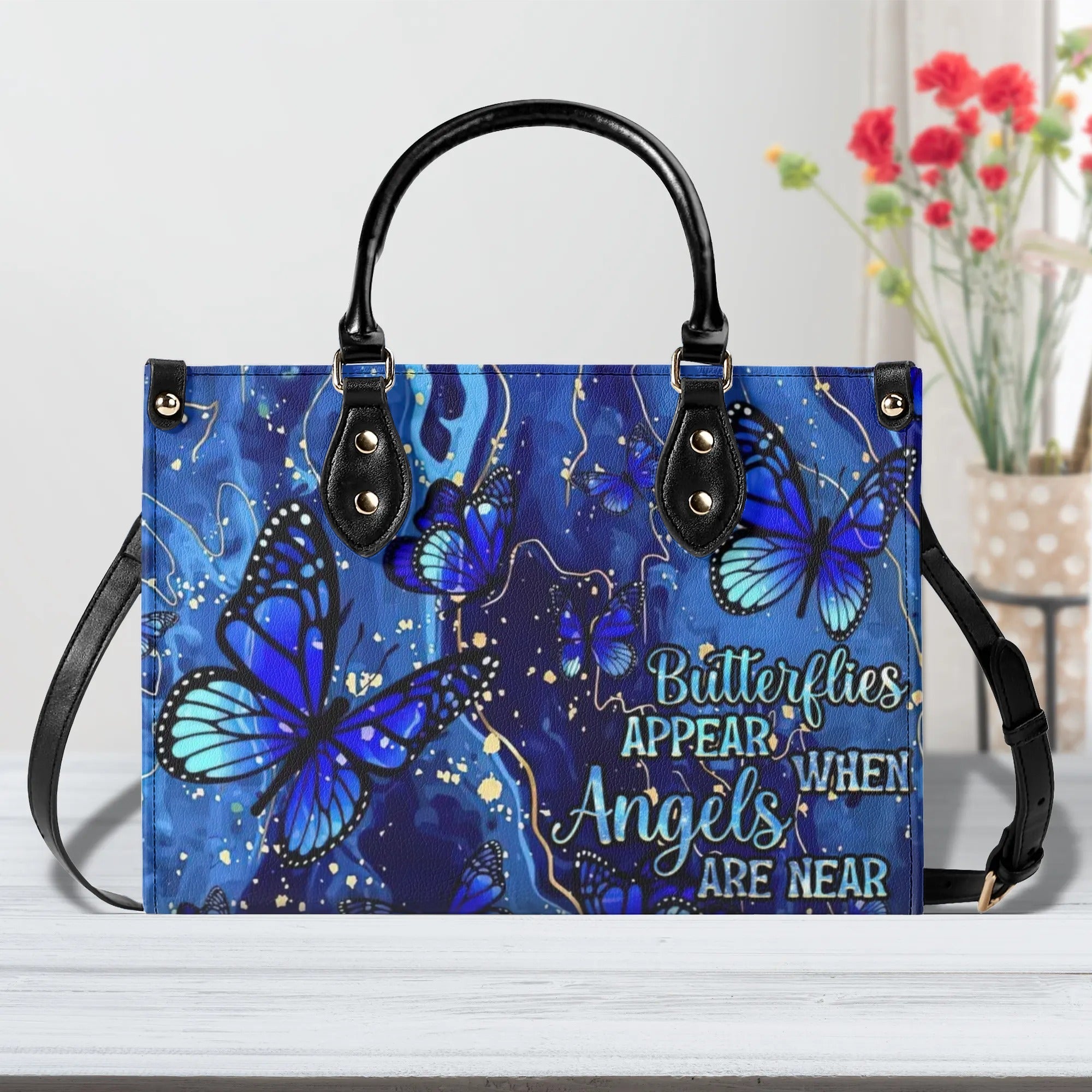 Butterflies Appear When Angels Are Near Blue Butterfly Angel Tribute Leather Bag _2_ 4HJLi