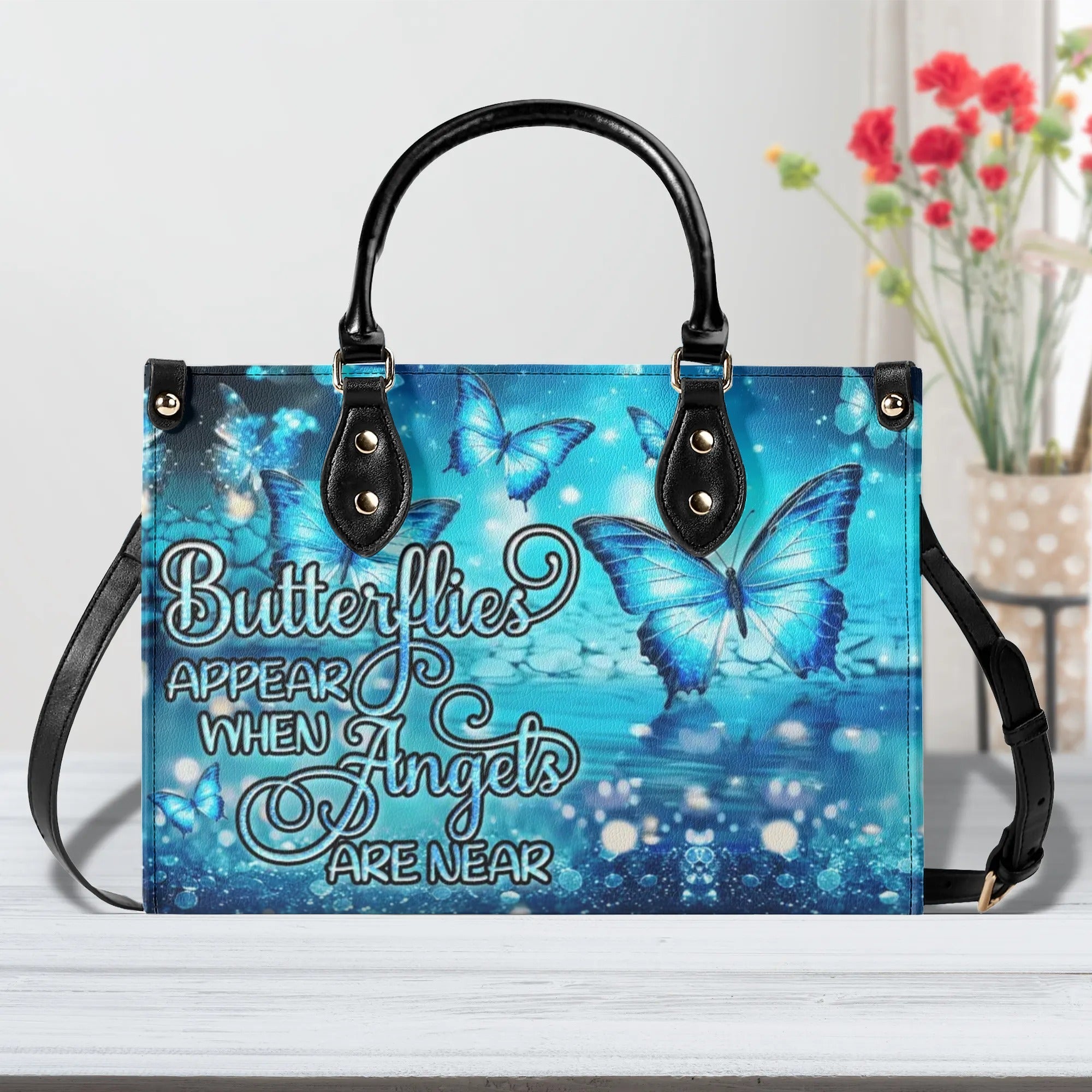 Butterflies Appear When Angels are Here Blue Angel Butterfly Inspirational Leather Bag _1_ gBLKW