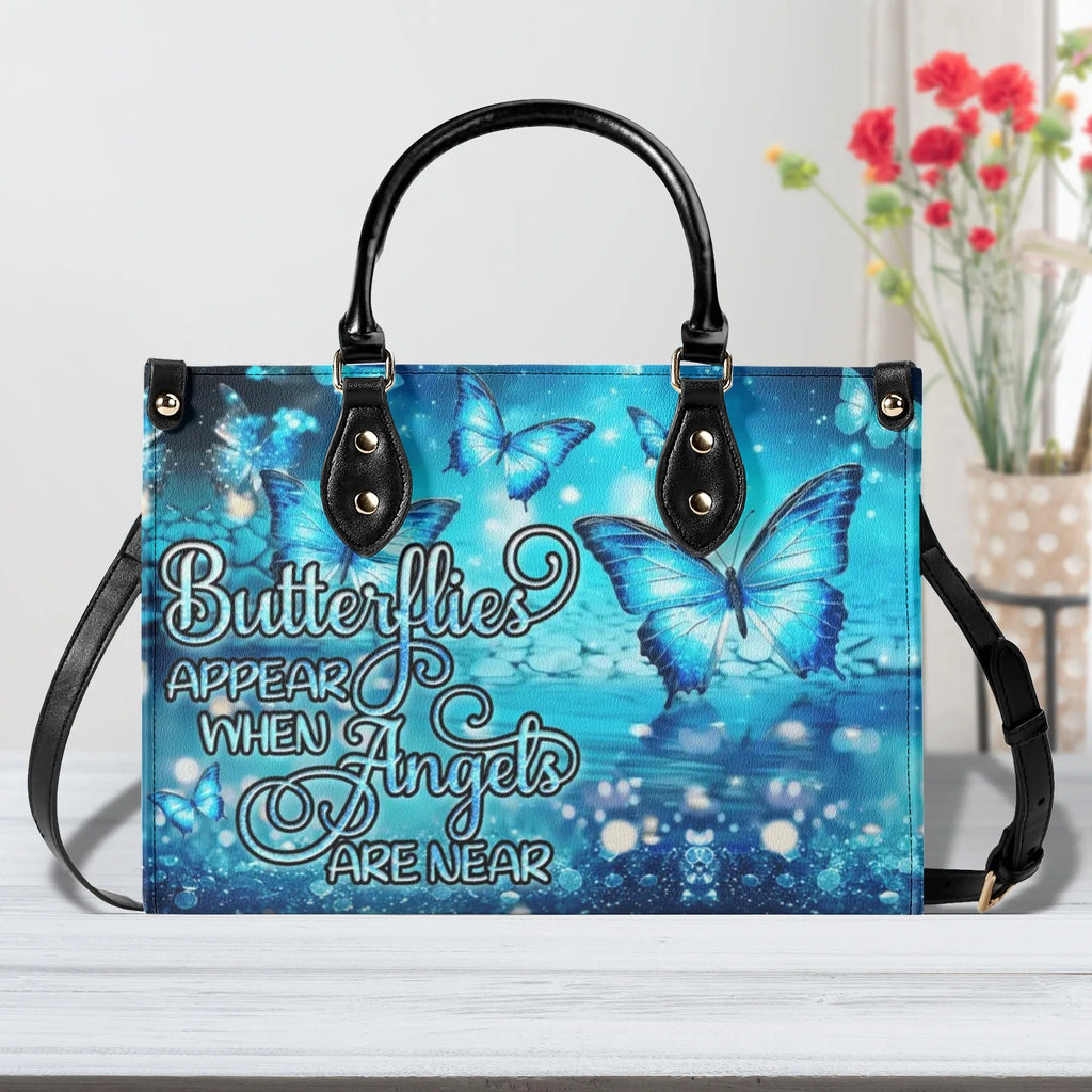 Butterflies Appear When Angels are Here Blue Angel Butterfly Inspirational Leather Bag _1_ gBLKW