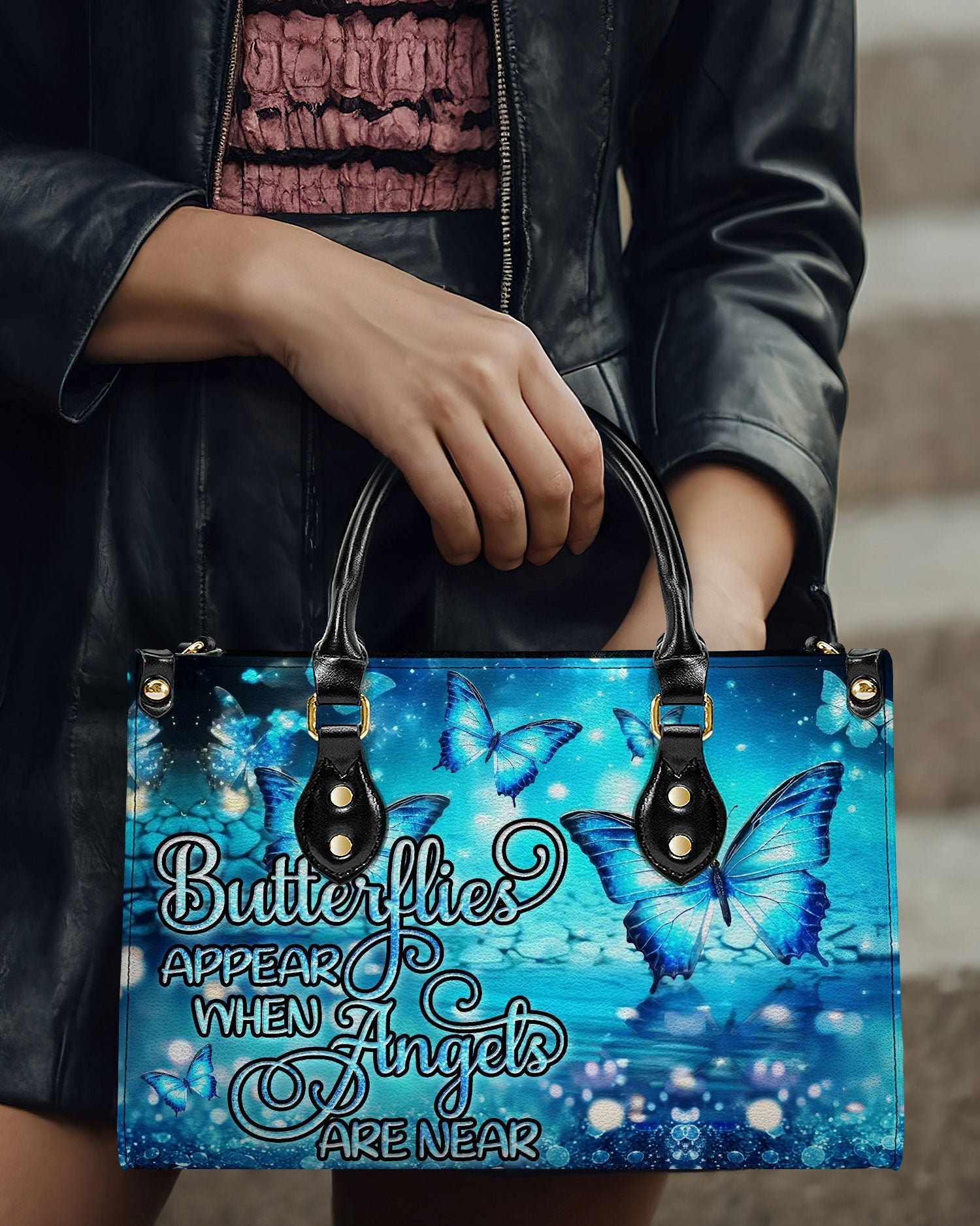 Butterflies Appear When Angels are Here Blue Angel Butterfly Inspirational Leather Bag _3_ laDYd