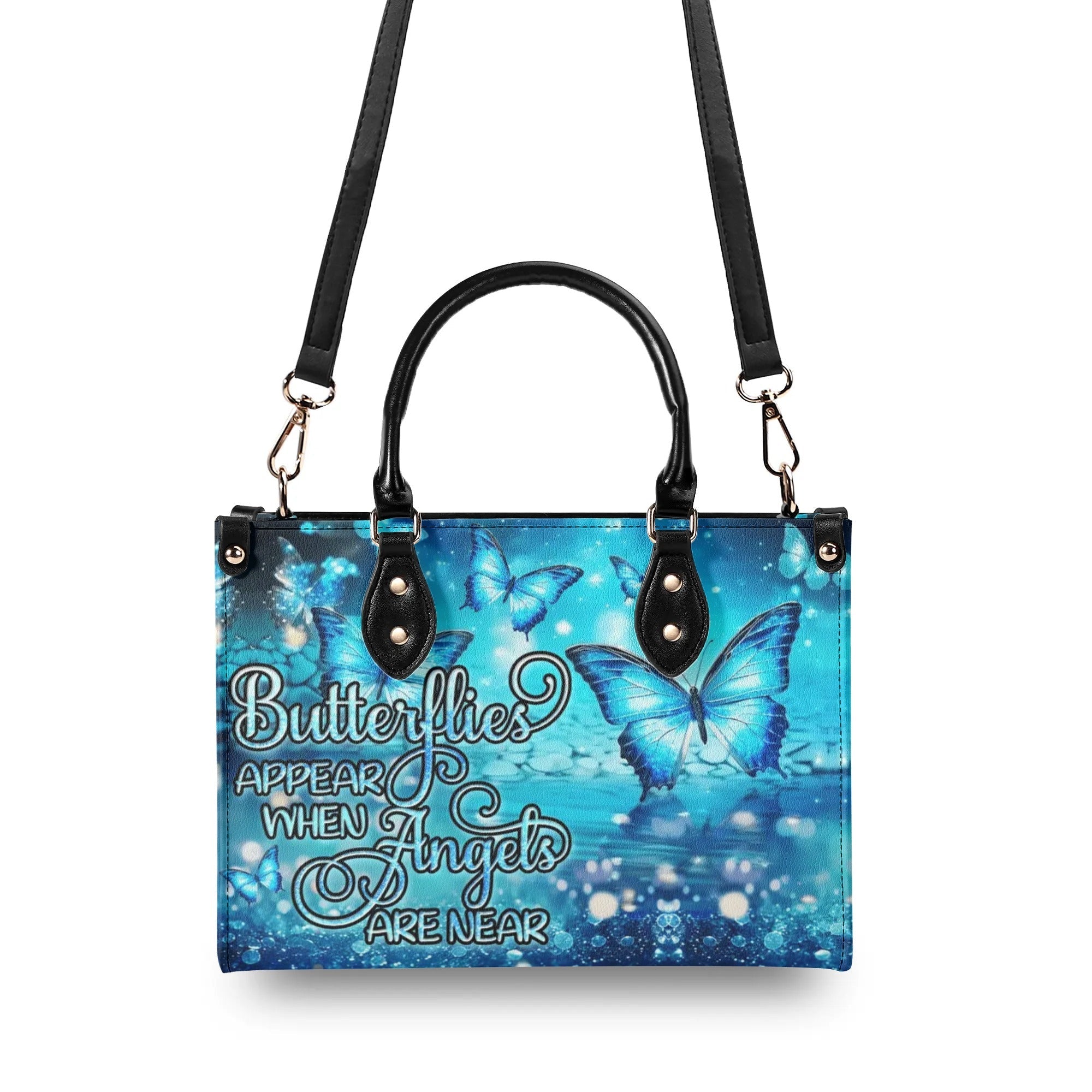 Butterflies Appear When Angels are Here Blue Angel Butterfly Inspirational Leather Bag _7_ k8diV