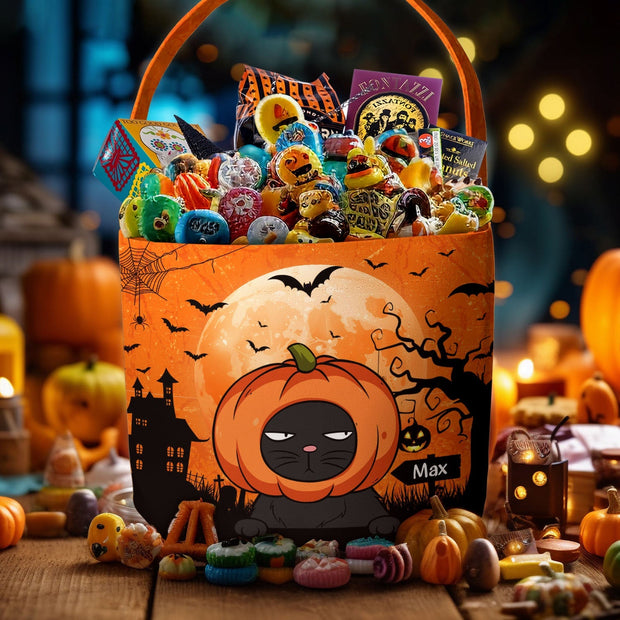 Cat Pumpkin Halloween Trick Or Treat Bag - Personalized  Canvas Bucket Bag- Gift For Halloween