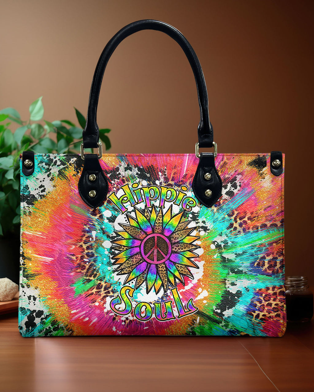Colorful Hippie Soul Tie Dye Leopard Sunflower Peace Design for Women Leather Bag _1_ SXURf