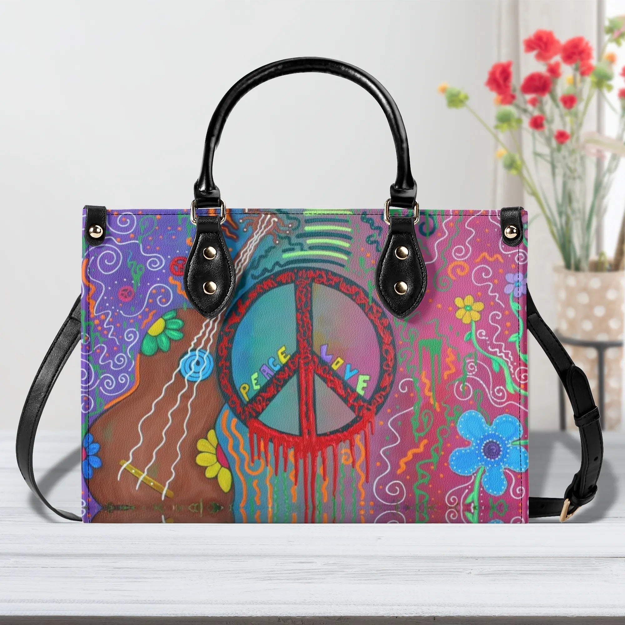 Colorful Peace and Love Graffiti Art Hippie Leather Bag Gift for Women _12_ XNUN2