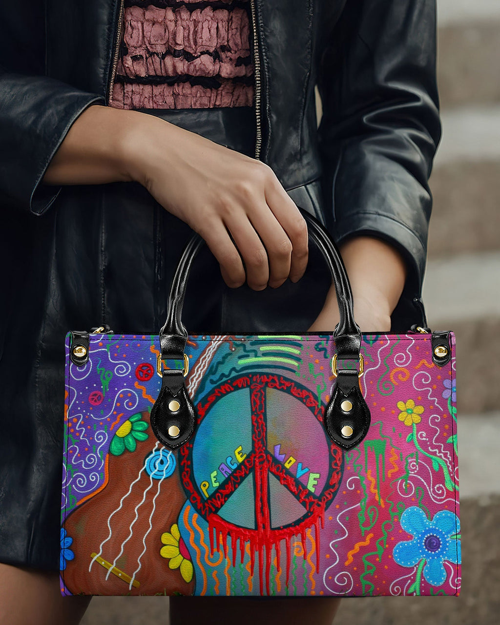 Colorful Peace and Love Graffiti Art Hippie Leather Bag Gift for Women _1_ ucibq
