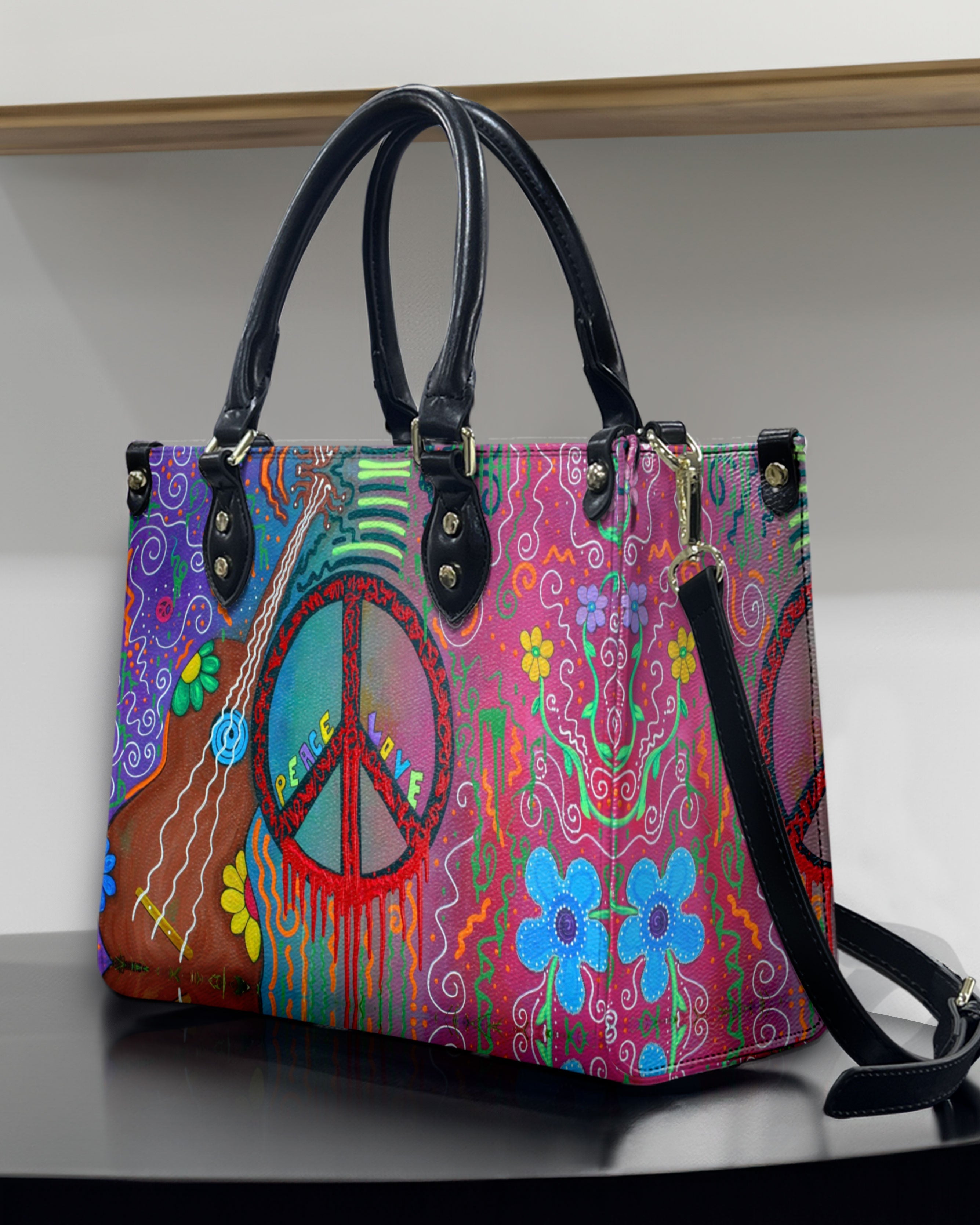 Colorful Peace and Love Graffiti Art Hippie Leather Bag Gift for Women _3_ hOqtZ