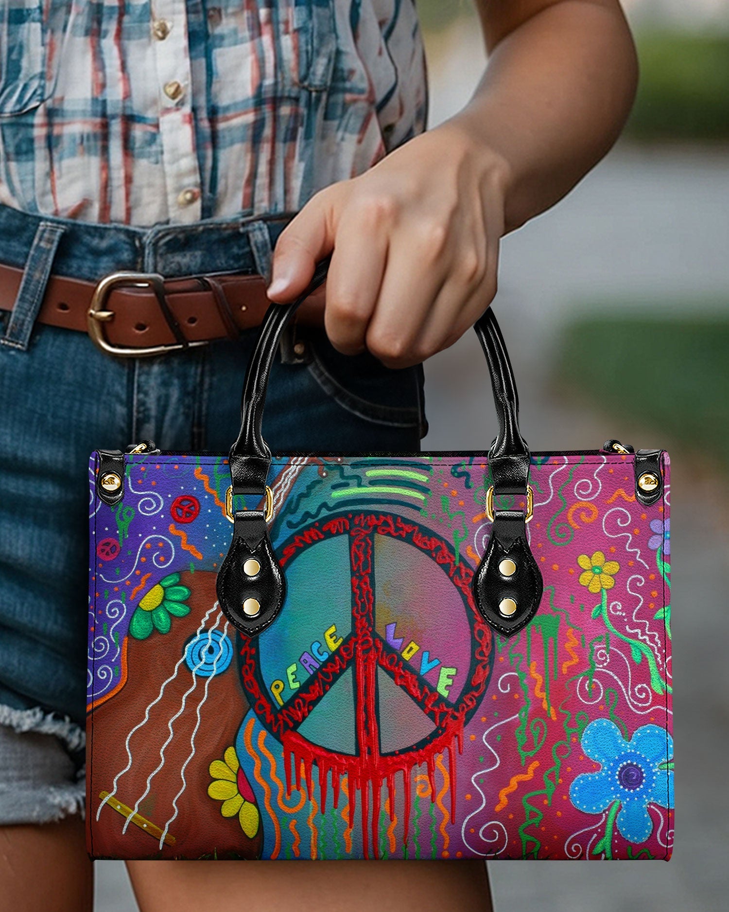 Colorful Peace and Love Graffiti Art Hippie Leather Bag Gift for Women _5_ LjUsJ