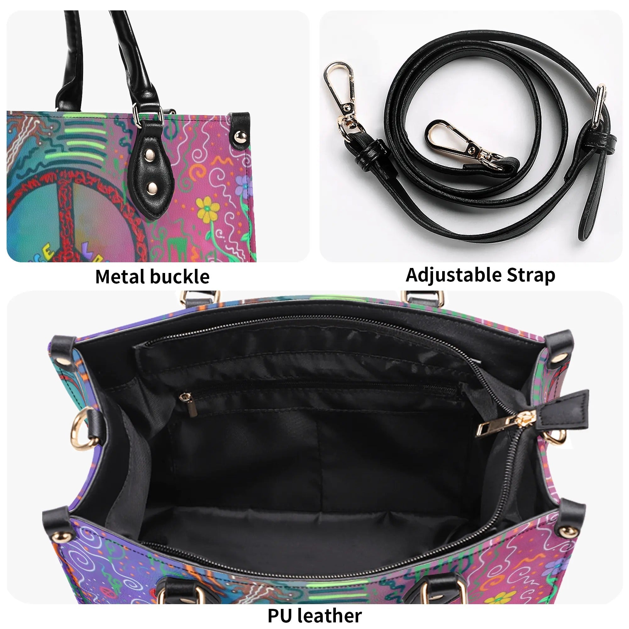 Colorful Peace and Love Graffiti Art Hippie Leather Bag Gift for Women _7_ CBGqw