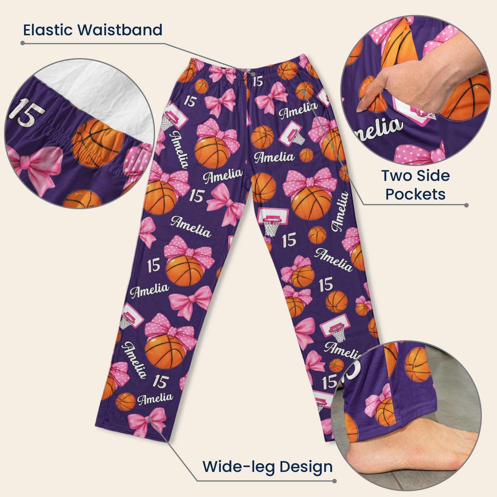 Coquette Bow Basketball Custom Name_ Number Gift For Basketball Player_ Basketball Team Personalized Lounge Pants_8