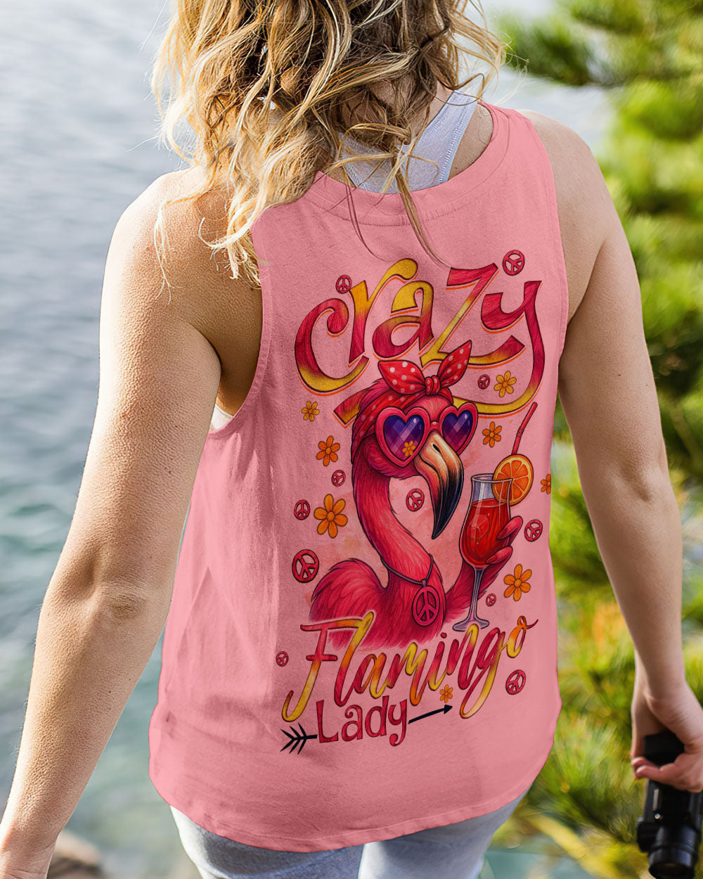 Crazy Flamingo Lady Fun Pink Peace Vibes Design for Women AOP Shirts _13_ afiQV