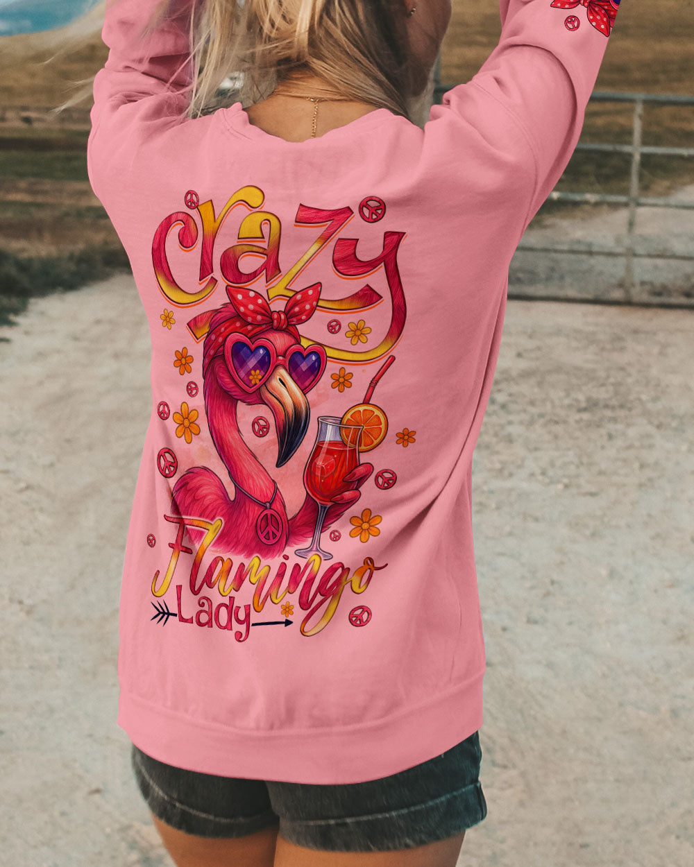 Crazy Flamingo Lady Fun Pink Peace Vibes Design for Women AOP Shirts _9_ Z9tA5