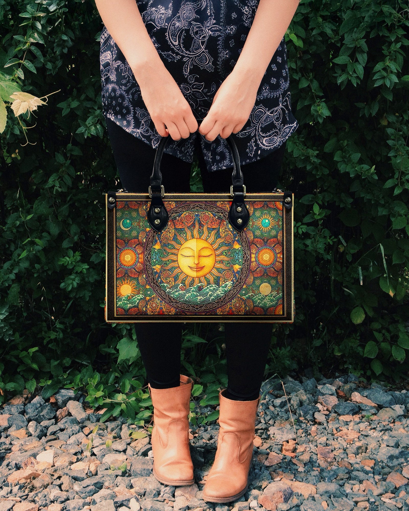 Custom Name Boho Celestial Sun and Moon Personalized Leather Bag Gift for Women _12_ z1rwH