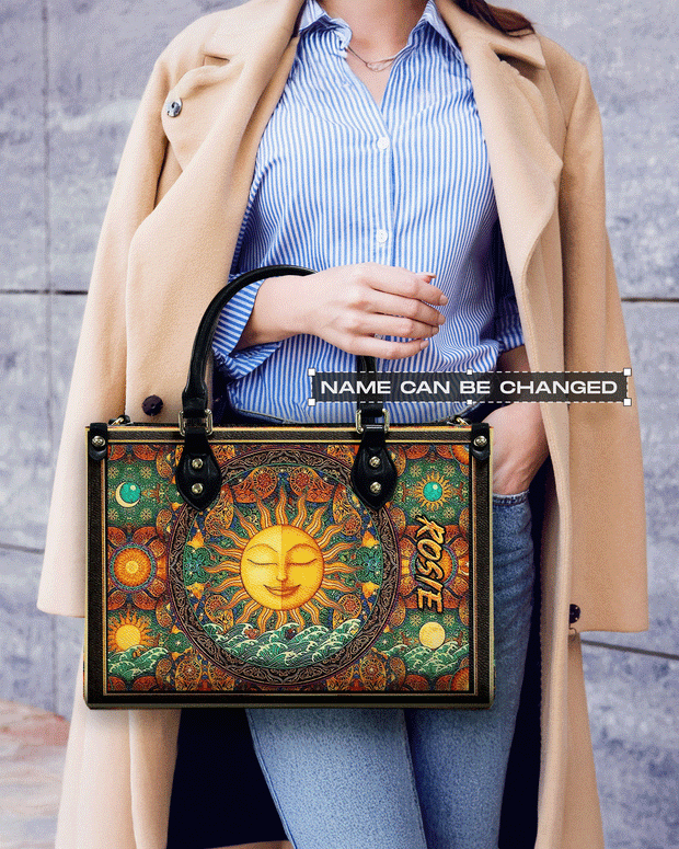 Custom Name Boho Celestial Sun and Moon - Personalized Leather Bag - Gift for Women