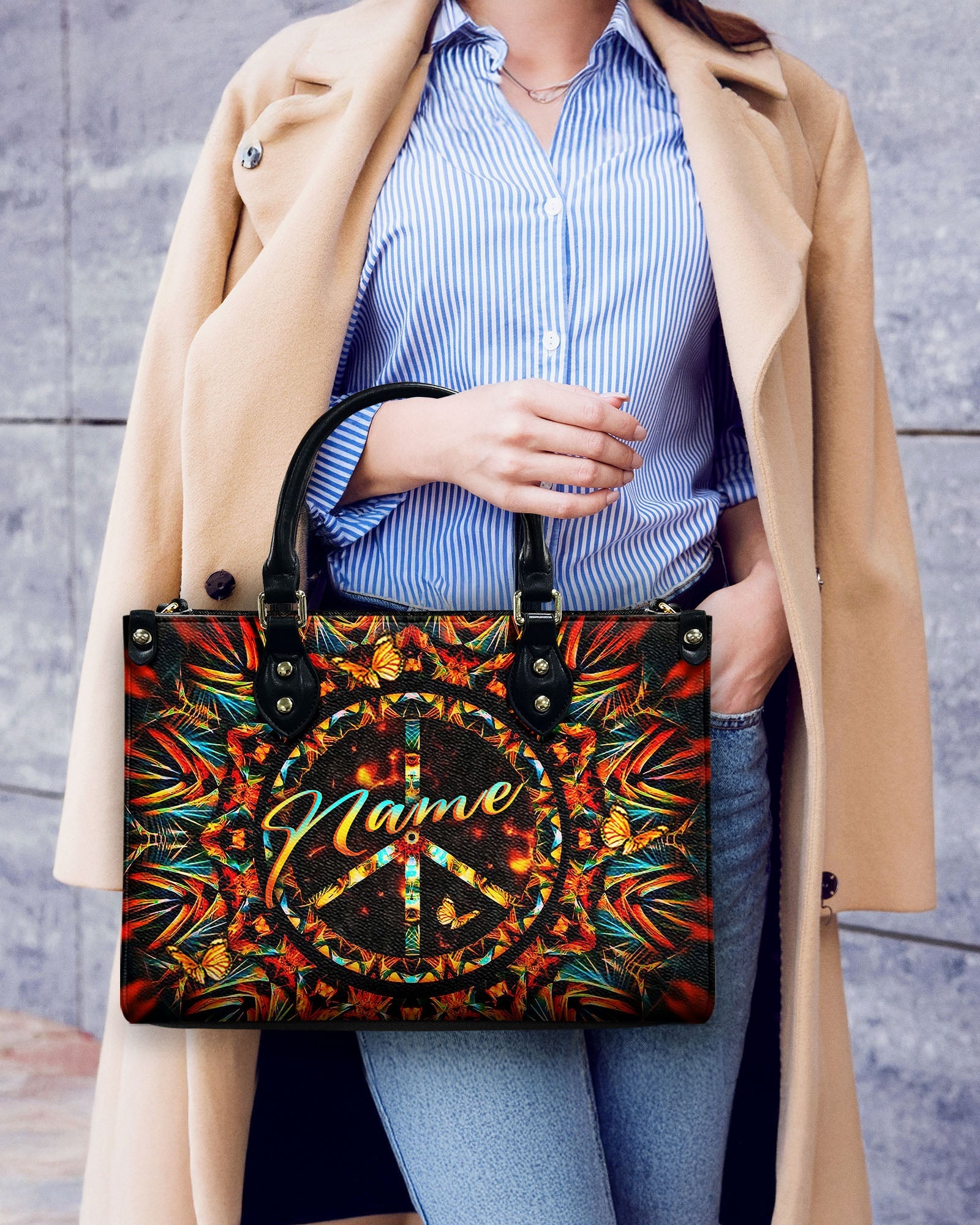 Custom Name Boho Peace Sign Personalized Leather Bag Gift for Women _12_ 5X9Oh