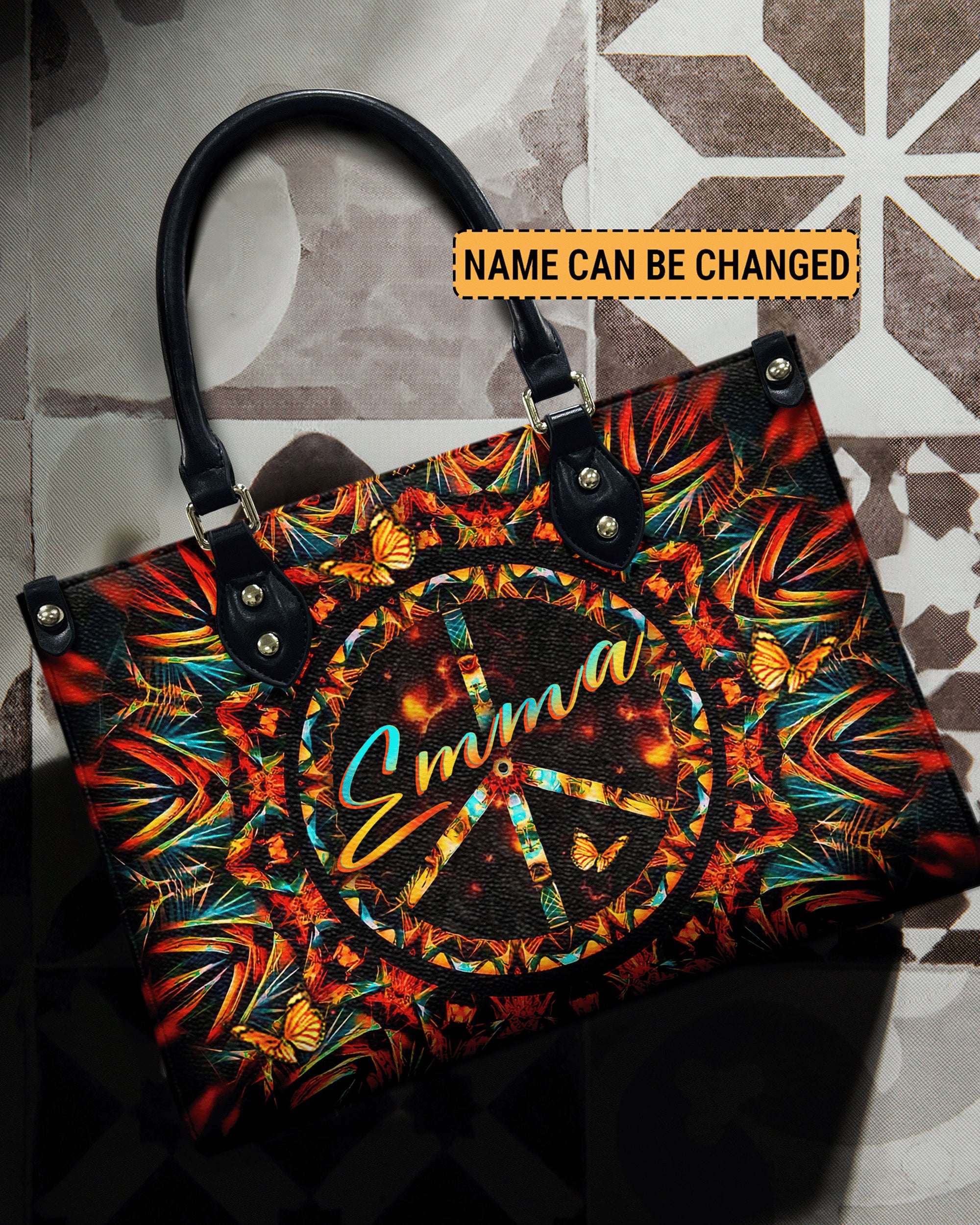 Custom Name Boho Peace Sign Personalized Leather Bag Gift for Women _2_ Y6fq1