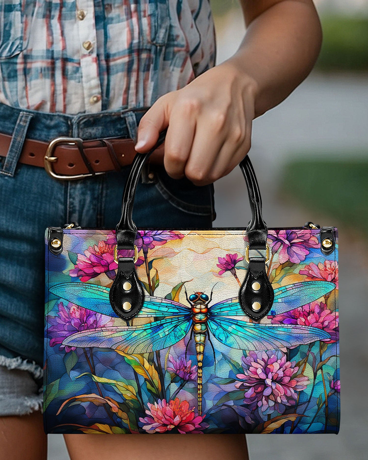 Custom Name Dragonfly and Wildflower Watercolor Floral Personalized Hippie Leather Bag _11_ E6V80