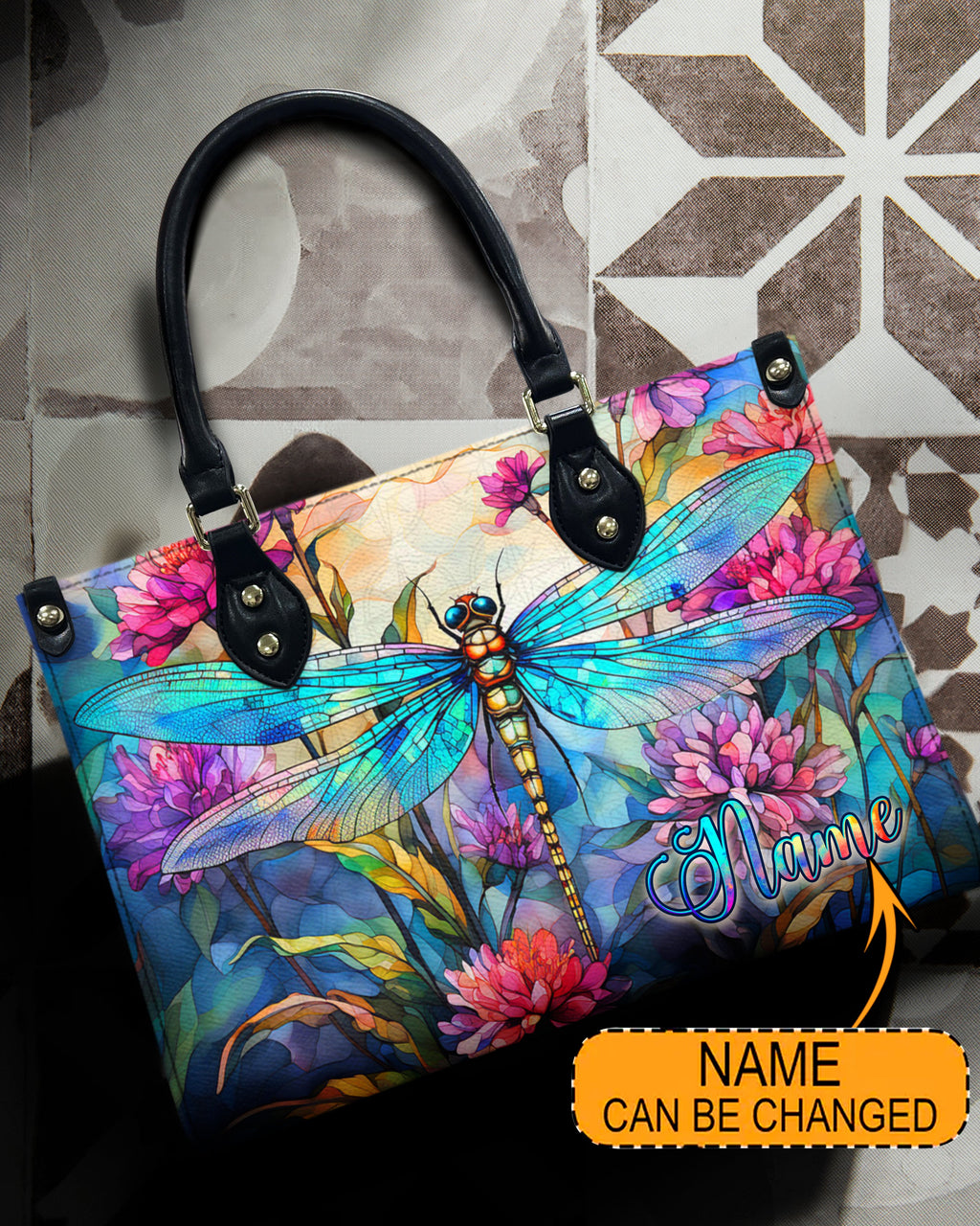 Custom Name Dragonfly and Wildflower Watercolor Floral Personalized Hippie Leather Bag _1_ LVnsc