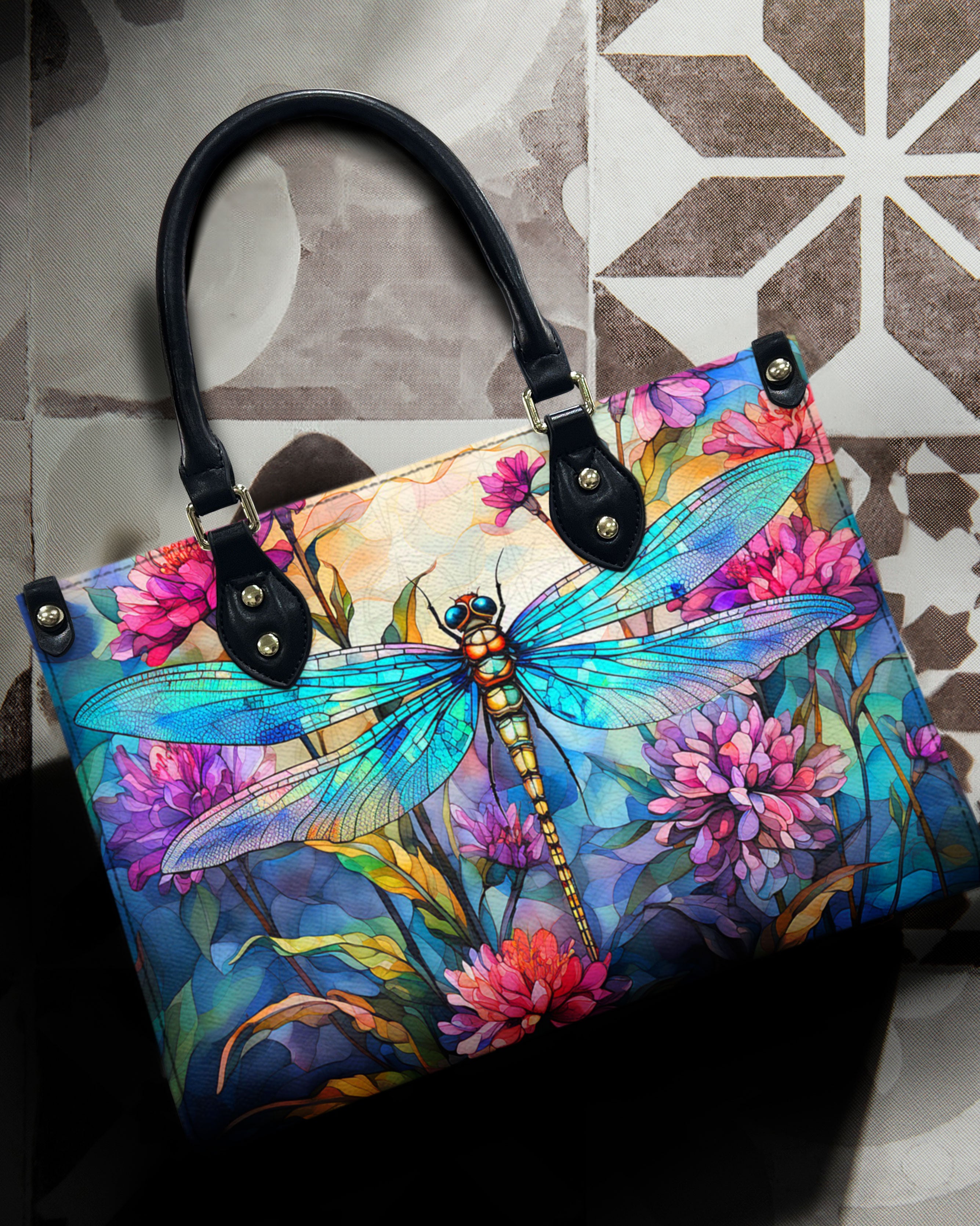 Custom Name Dragonfly and Wildflower Watercolor Floral Personalized Hippie Leather Bag _2_ jmD02