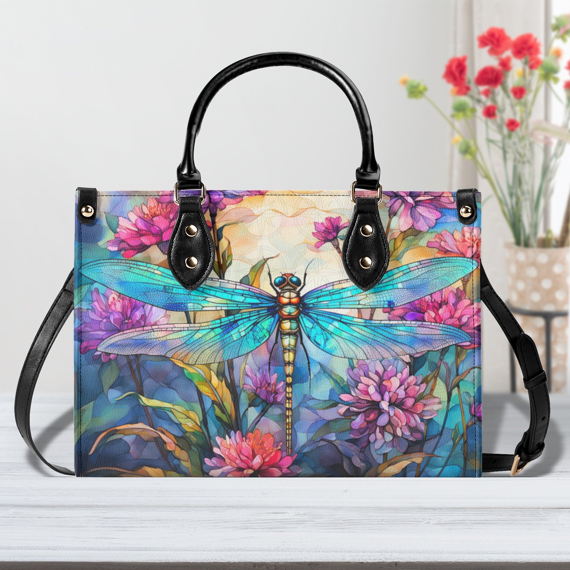 Custom Name Dragonfly and Wildflower Watercolor Floral Personalized Hippie Leather Bag _6_ BdO62