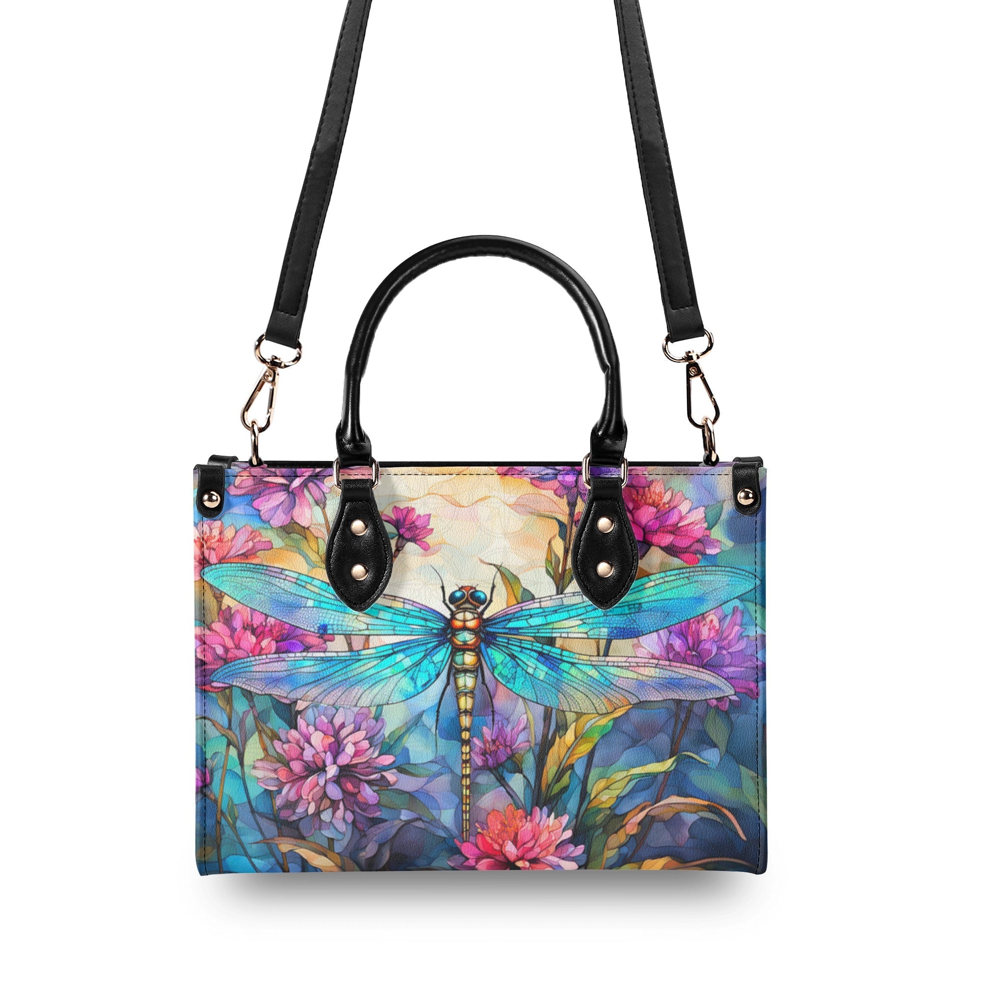 Custom Name Dragonfly and Wildflower Watercolor Floral Personalized Hippie Leather Bag _7_ sDdLC
