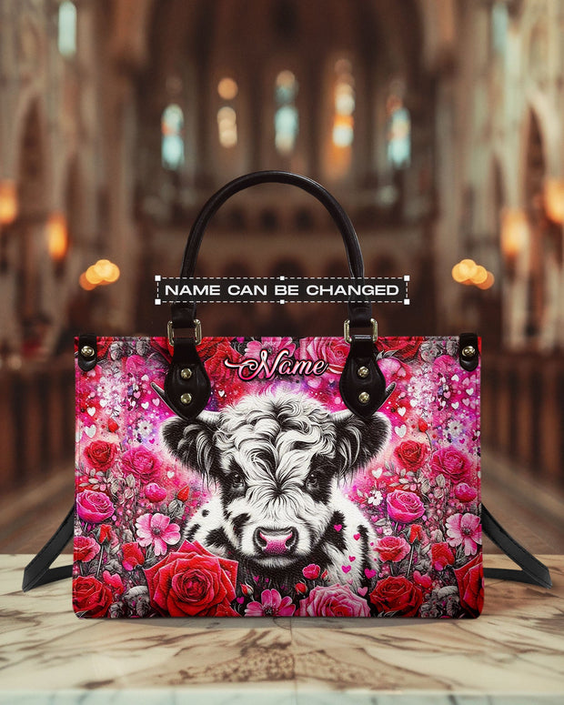 Custom Name Highland Cow and Rose - Personalized Leather Bag - Gift for Women