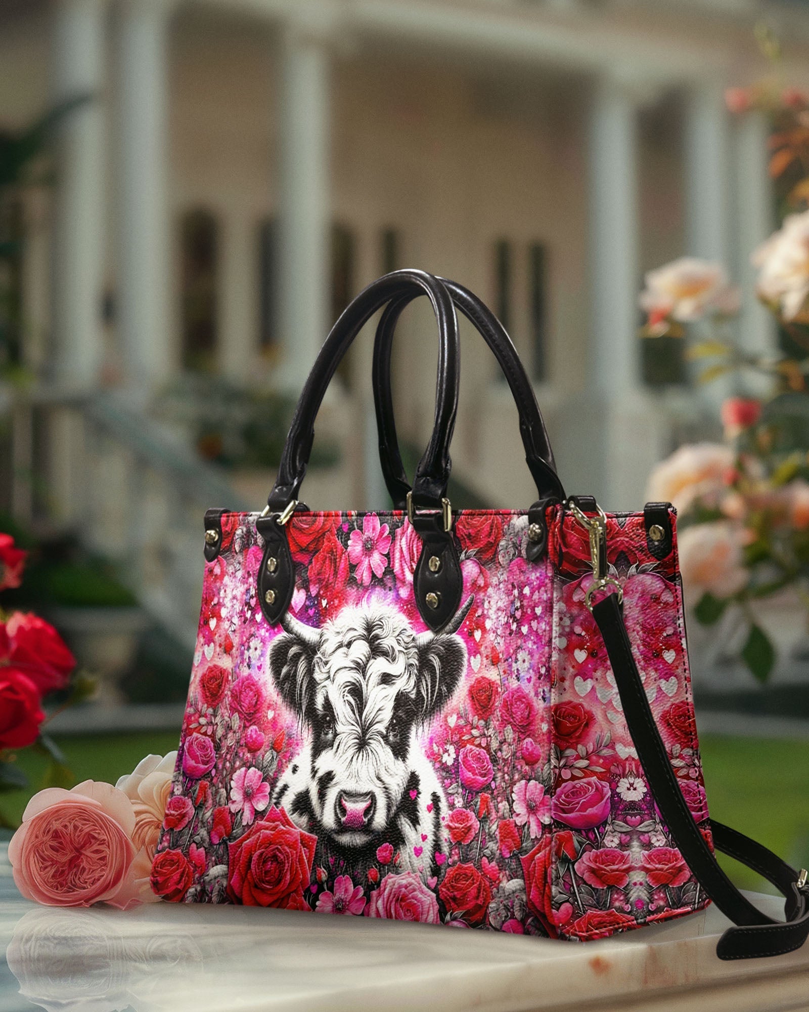 Custom Name Highland Cow and Rose Personalized Leather Bag Gift for Women _2_ dhnyd