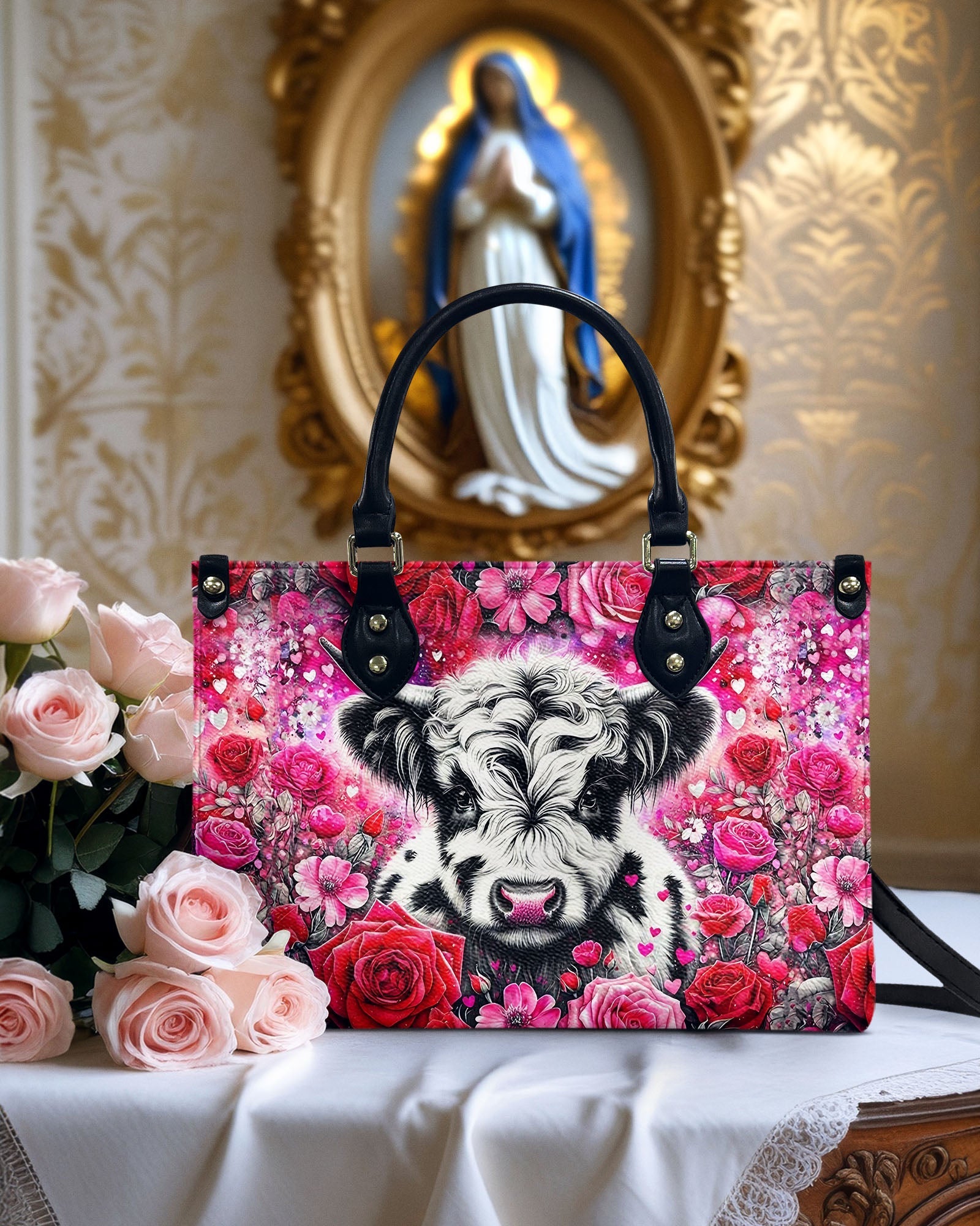 Custom Name Highland Cow and Rose Personalized Leather Bag Gift for Women _3_ Wjs2L