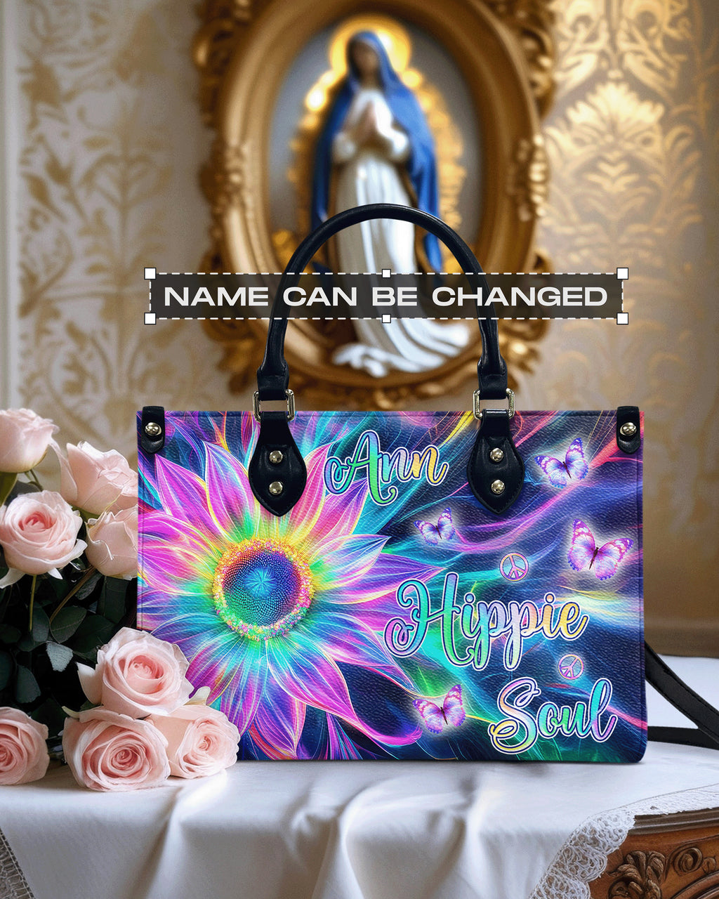 Custom Name Hippie Soul Psychedelic Butterfly and Sunflower Personalized Leather Bag _1_ tJe8w