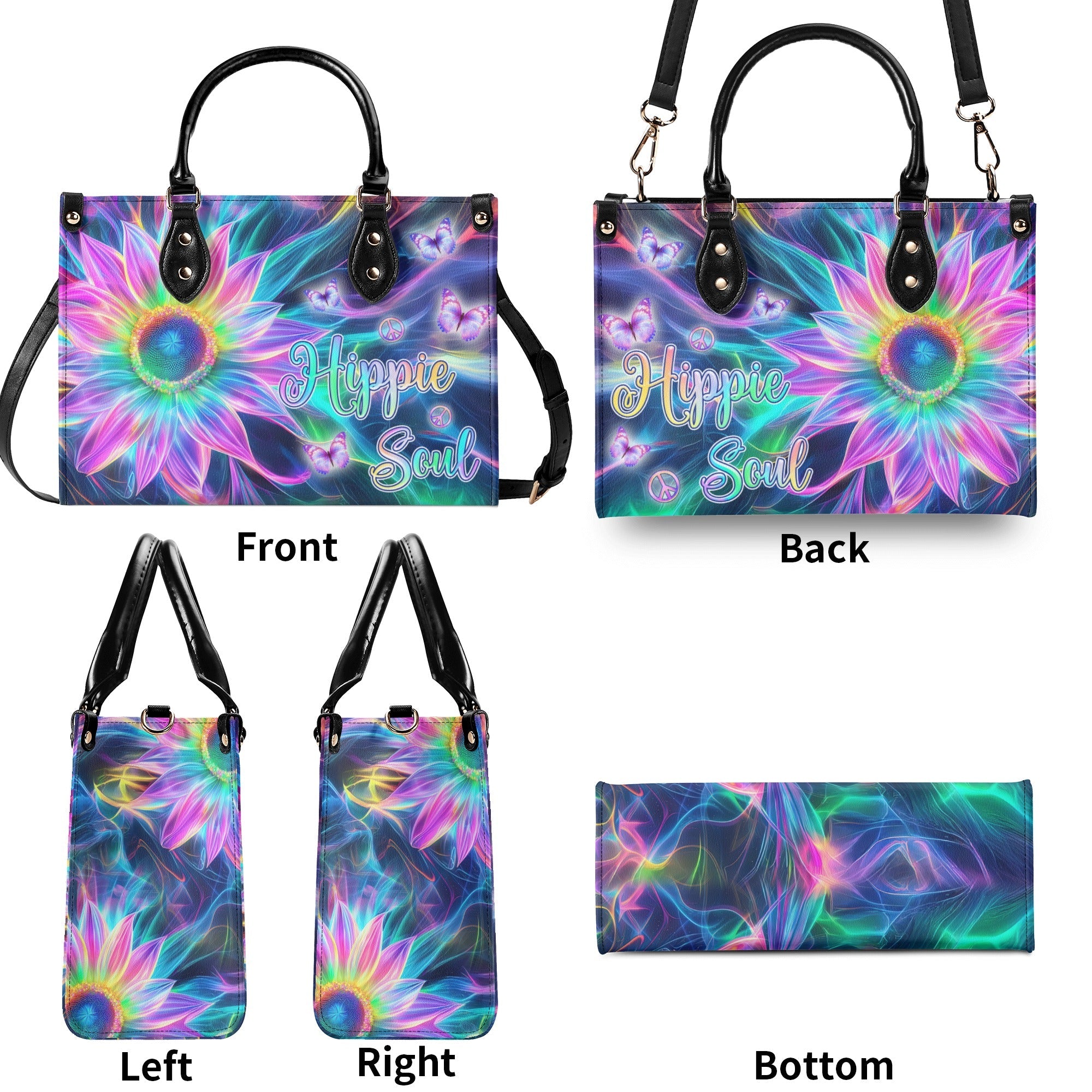 Custom Name Hippie Soul Psychedelic Butterfly and Sunflower Personalized Leather Bag _3_ ugOXb