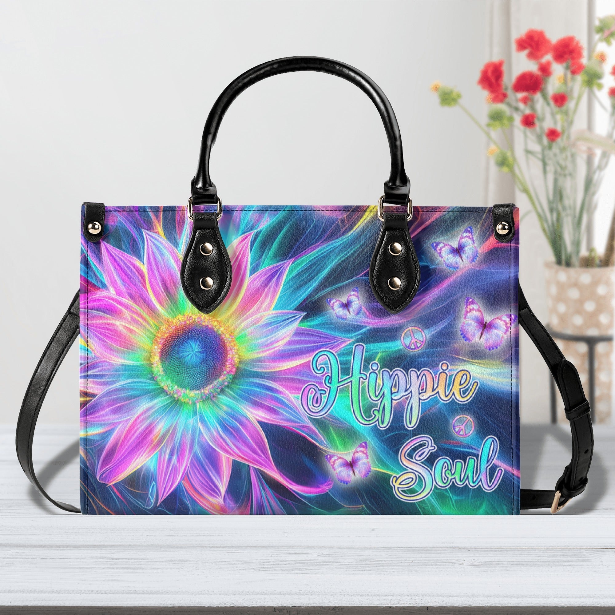 Custom Name Hippie Soul Psychedelic Butterfly and Sunflower Personalized Leather Bag _6_ C6MNa