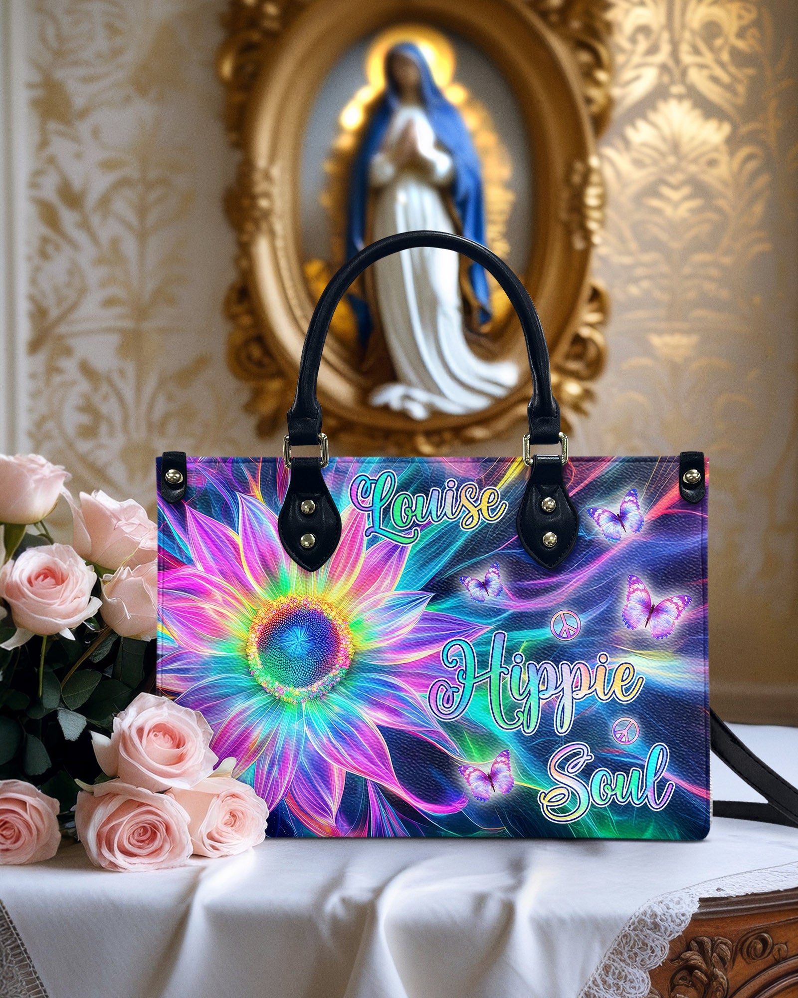 Custom Name Hippie Soul Psychedelic Butterfly and Sunflower Personalized Leather Bag _9_ 4tVPH