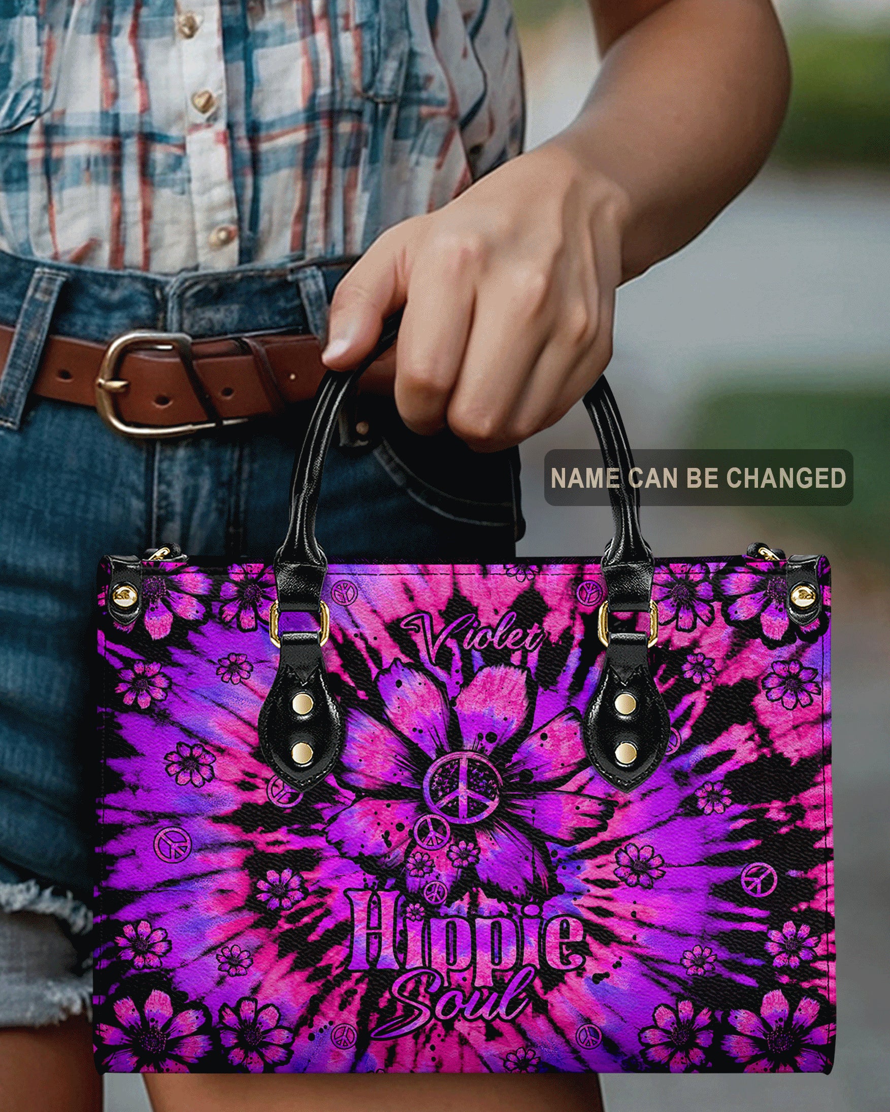 Custom Name Hippie Soul Purple Tie Dye Personalized Leather Bag Gift for Women _10_ Zk1Gl