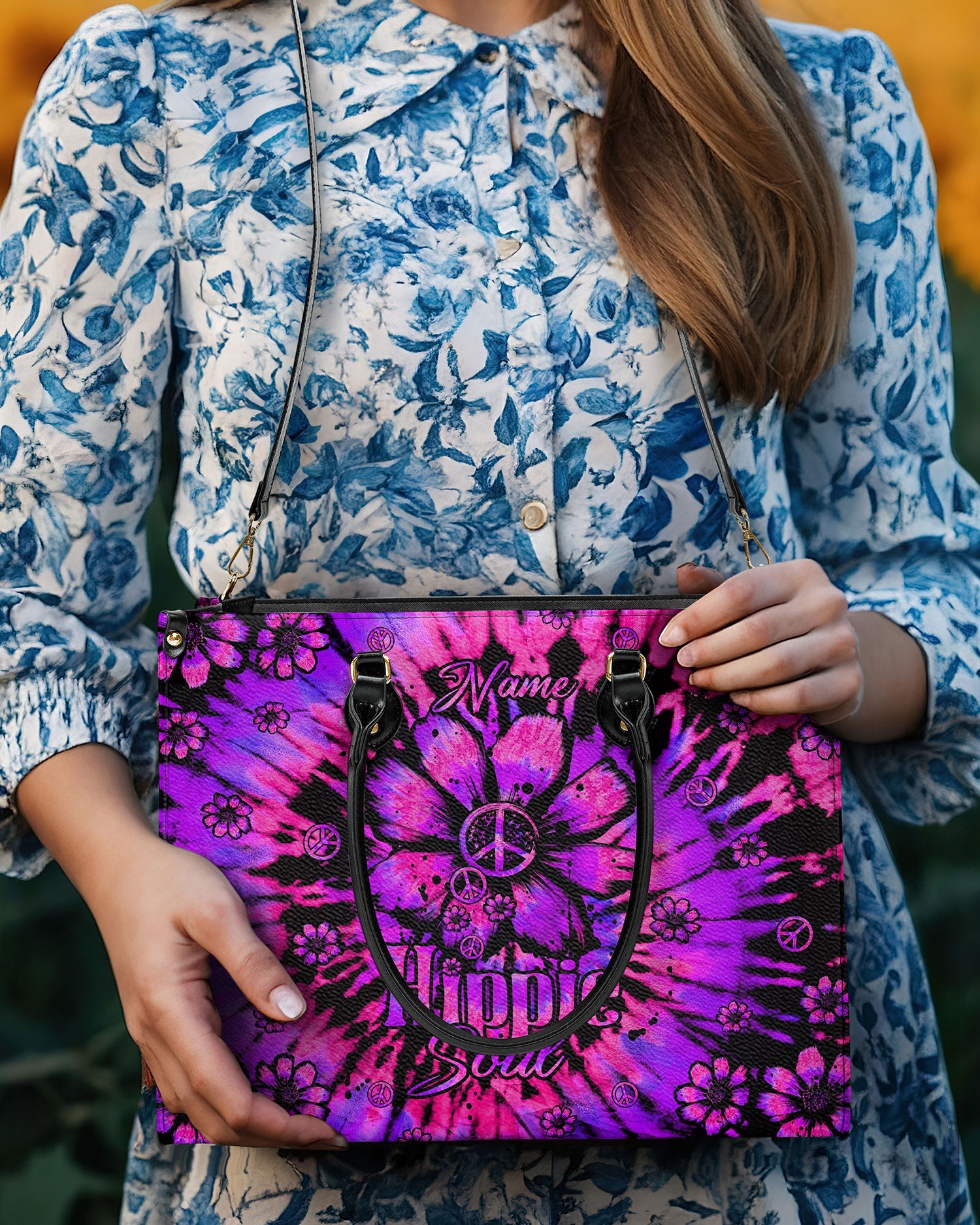 Custom Name Hippie Soul Purple Tie Dye Personalized Leather Bag Gift for Women _8_ Hpo7T