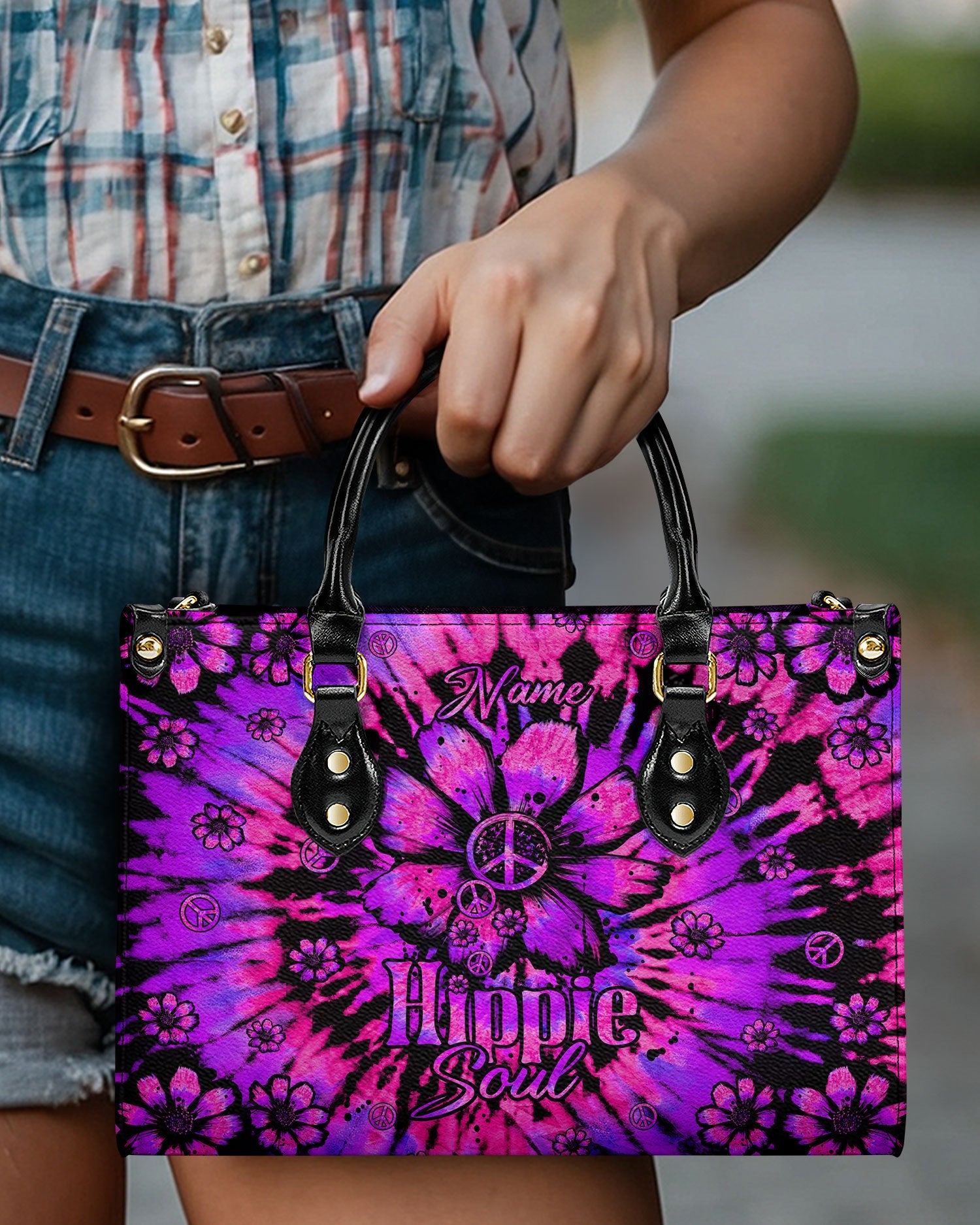 Custom Name Hippie Soul Purple Tie Dye Personalized Leather Bag Gift for Women _9_ X9odl
