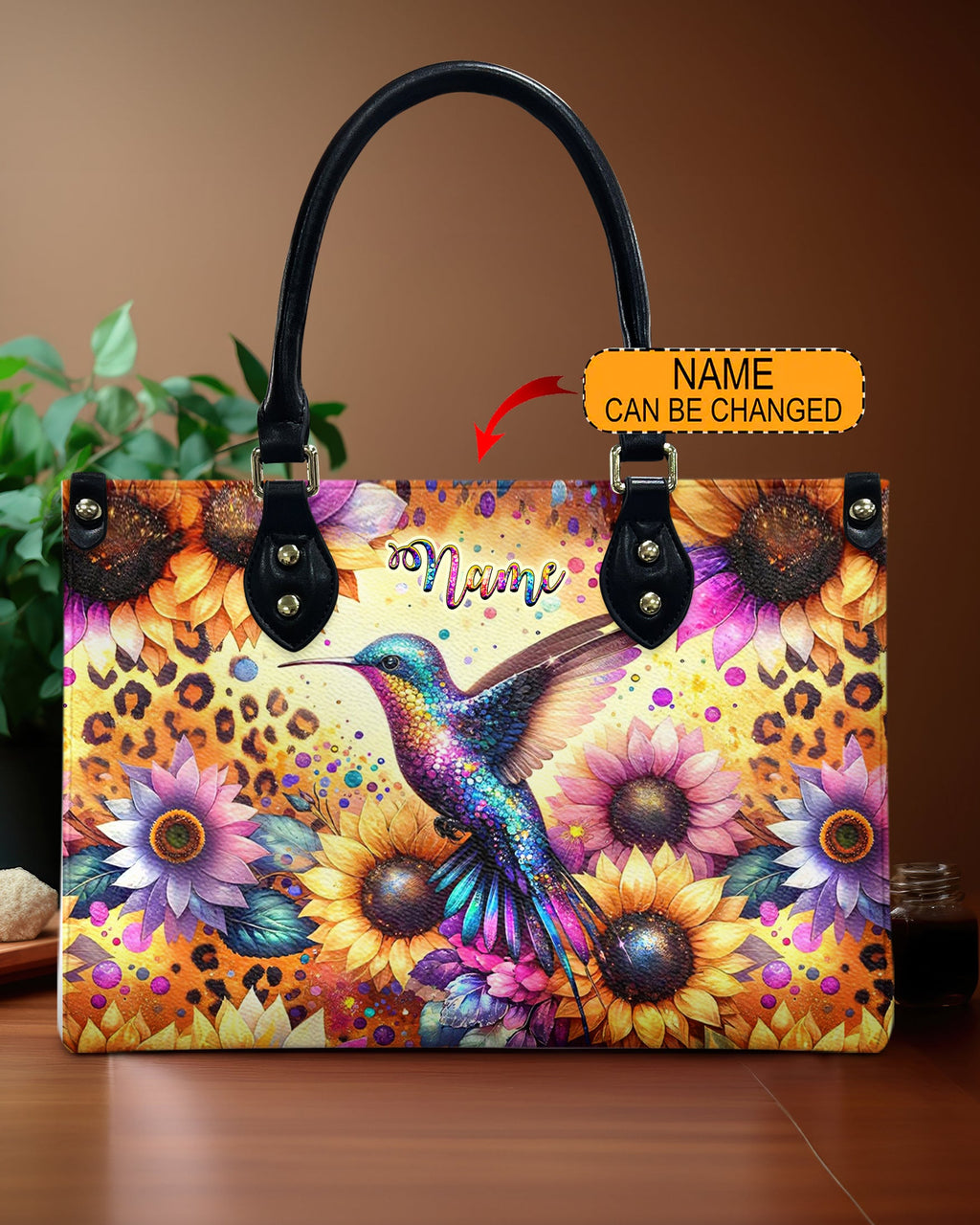 Custom Name Hummingbird Sunflower Colorful Hippie Design for Women Personalized Leather Bag _1_ HLpyp