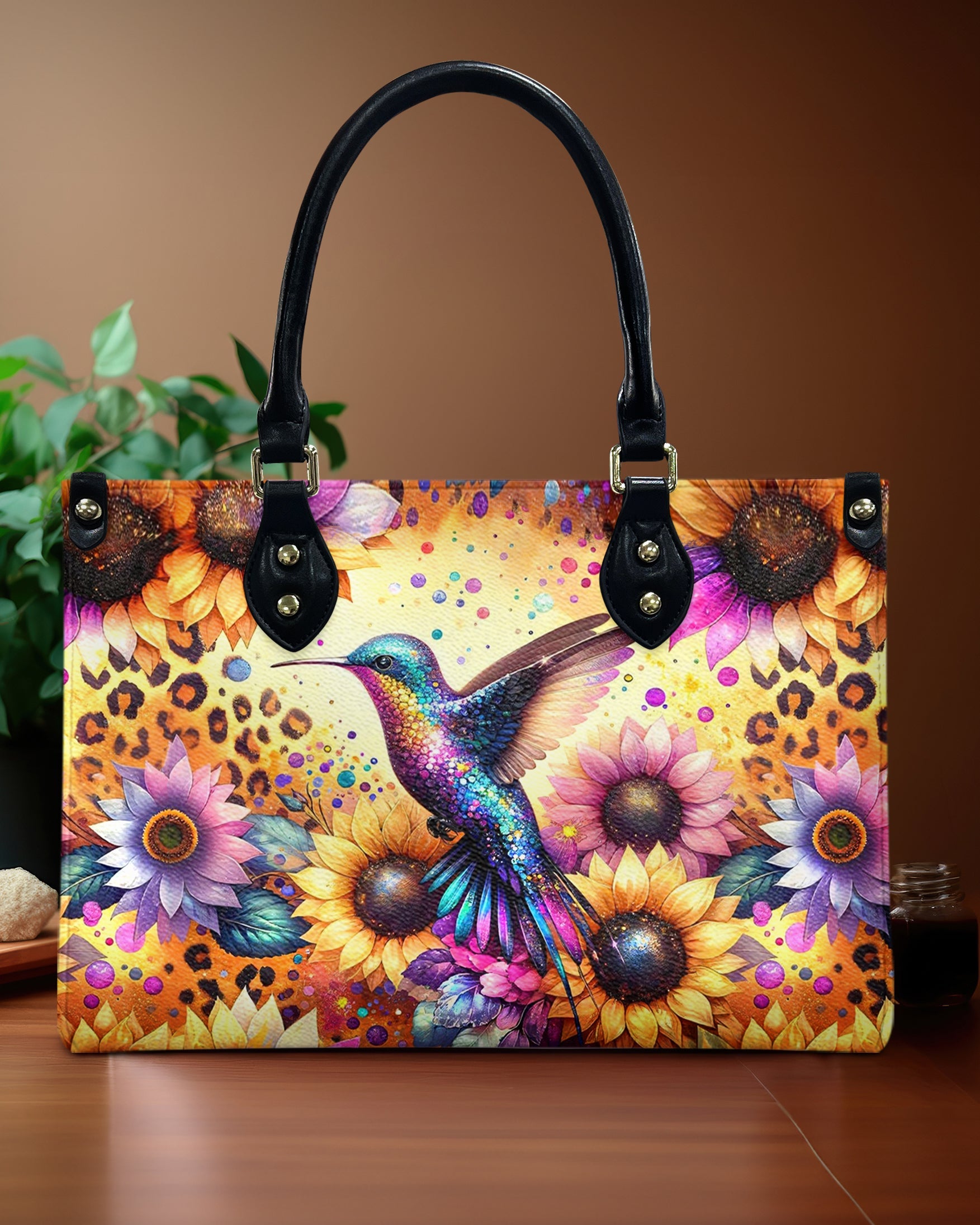 Custom Name Hummingbird Sunflower Colorful Hippie Design for Women Personalized Leather Bag _4_ 8HnF2