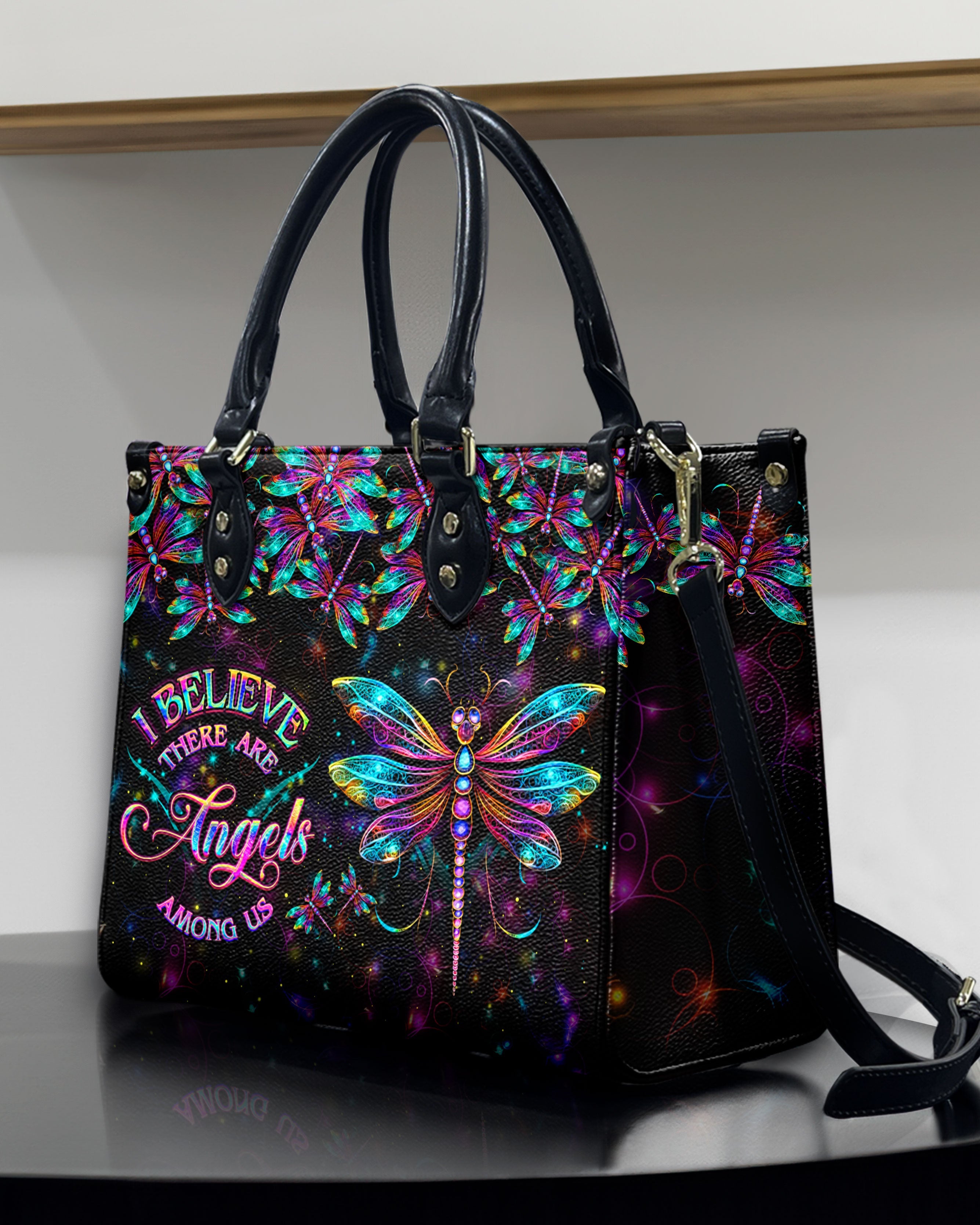 Custom Name I Believe There Are Angels Among Us Angel Dragonfly Personalized Leather Bag _2_ hHOlv