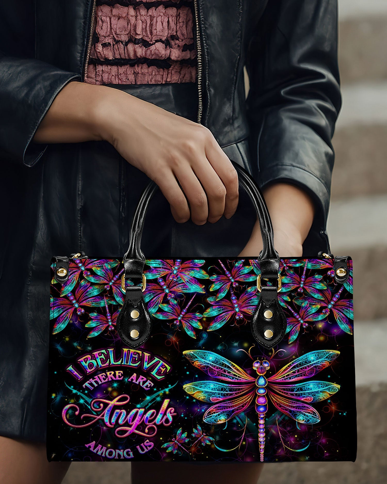 Custom Name I Believe There Are Angels Among Us Angel Dragonfly Personalized Leather Bag _8_ 6rfWG