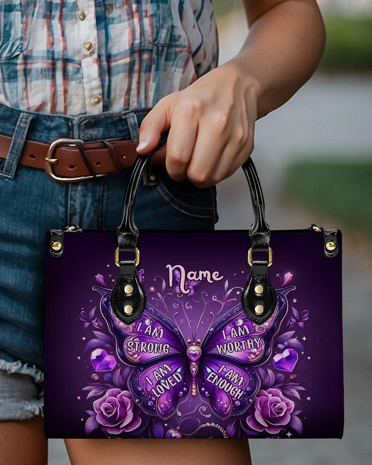 Custom Name I am Strong Loved Worthy and Enough Butterfly Hippie Leather Bag _10_ KLjsE