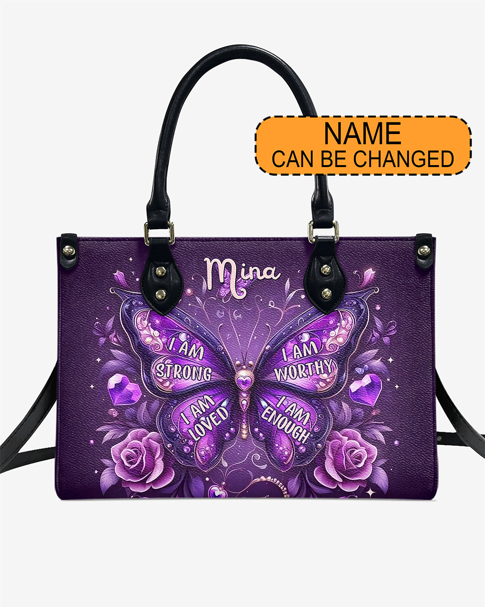 Custom Name I am Strong Loved Worthy and Enough Butterfly Hippie Leather Bag _1_ a5cfj
