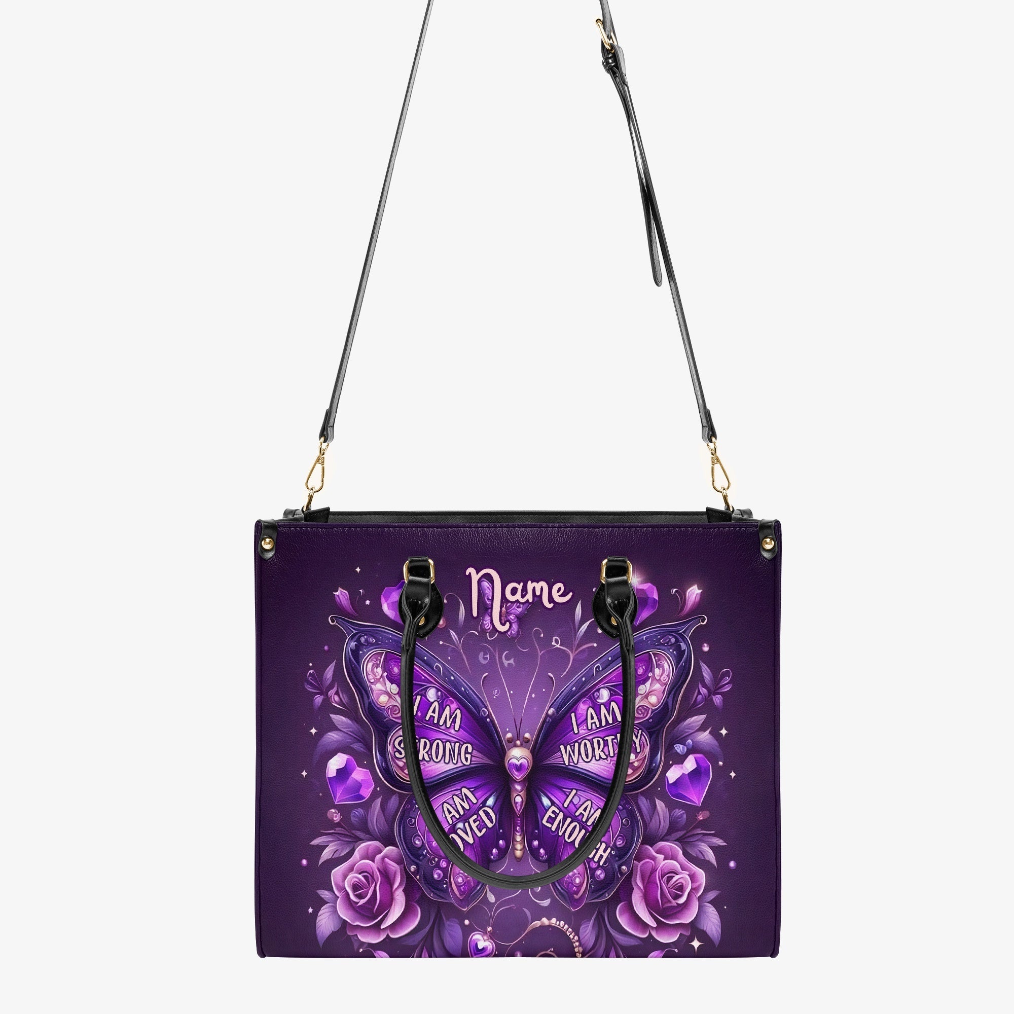 Custom Name I am Strong Loved Worthy and Enough Butterfly Hippie Leather Bag _4_ FcU9R