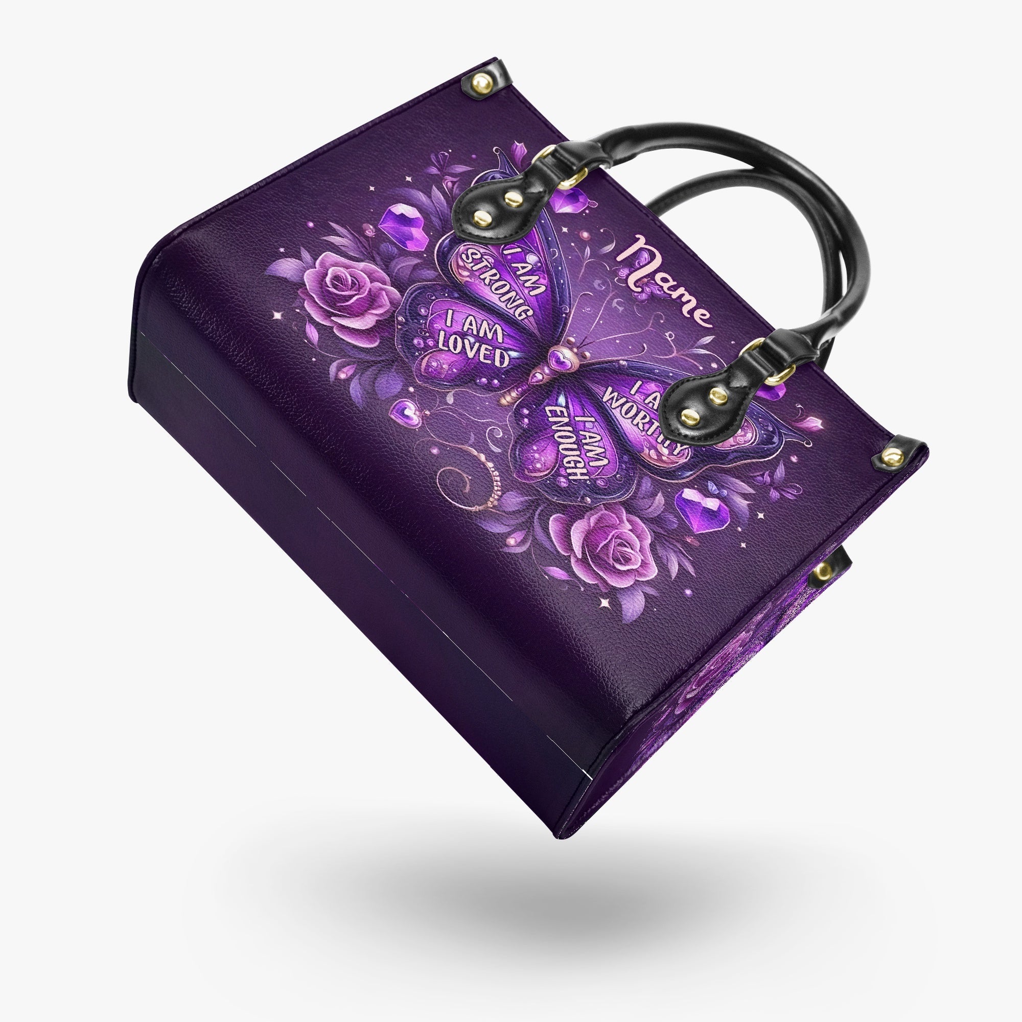 Custom Name I am Strong Loved Worthy and Enough Butterfly Hippie Leather Bag _8_ mjev0