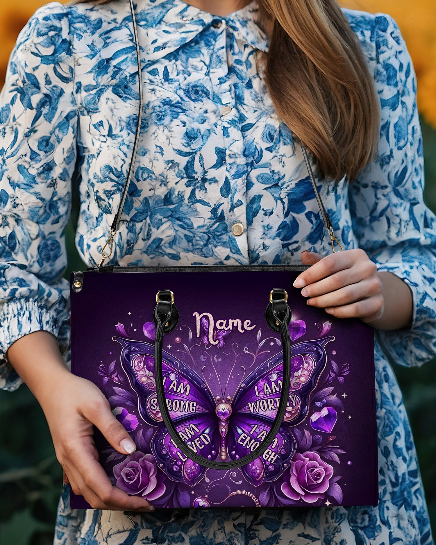 Custom Name I am Strong Loved Worthy and Enough Butterfly Hippie Leather Bag _9_ DY6bS
