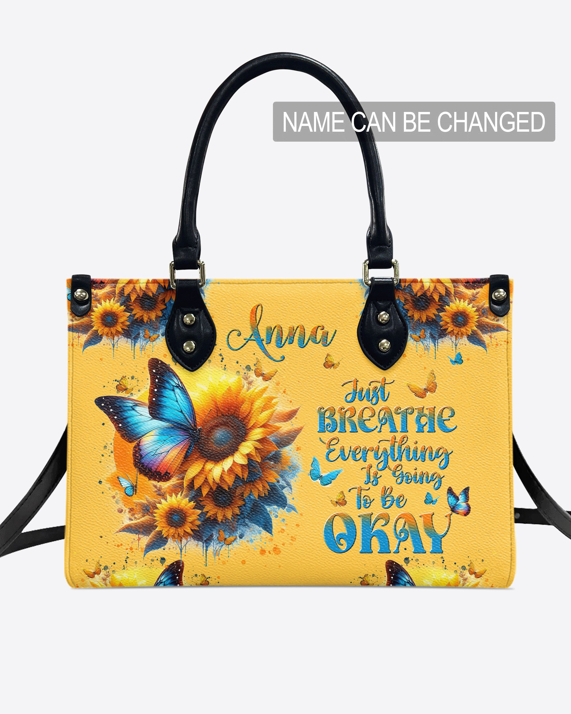 Custom Name Just Breathe Yellow Sunflower Butterfly Personalized Leather Bag _1_ e6hmk
