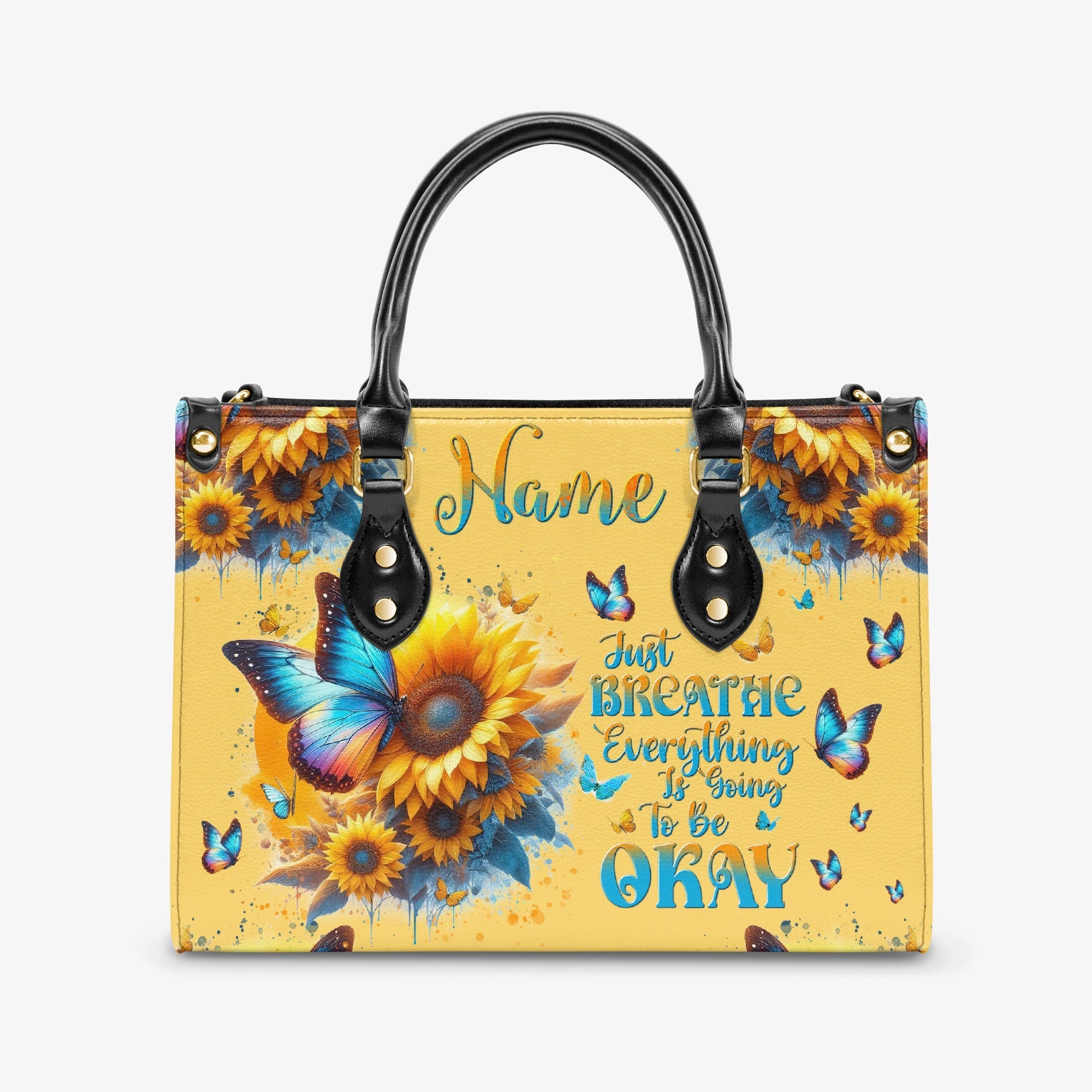 Custom Name Just Breathe Yellow Sunflower Butterfly Personalized Leather Bag _5_ Xabgx