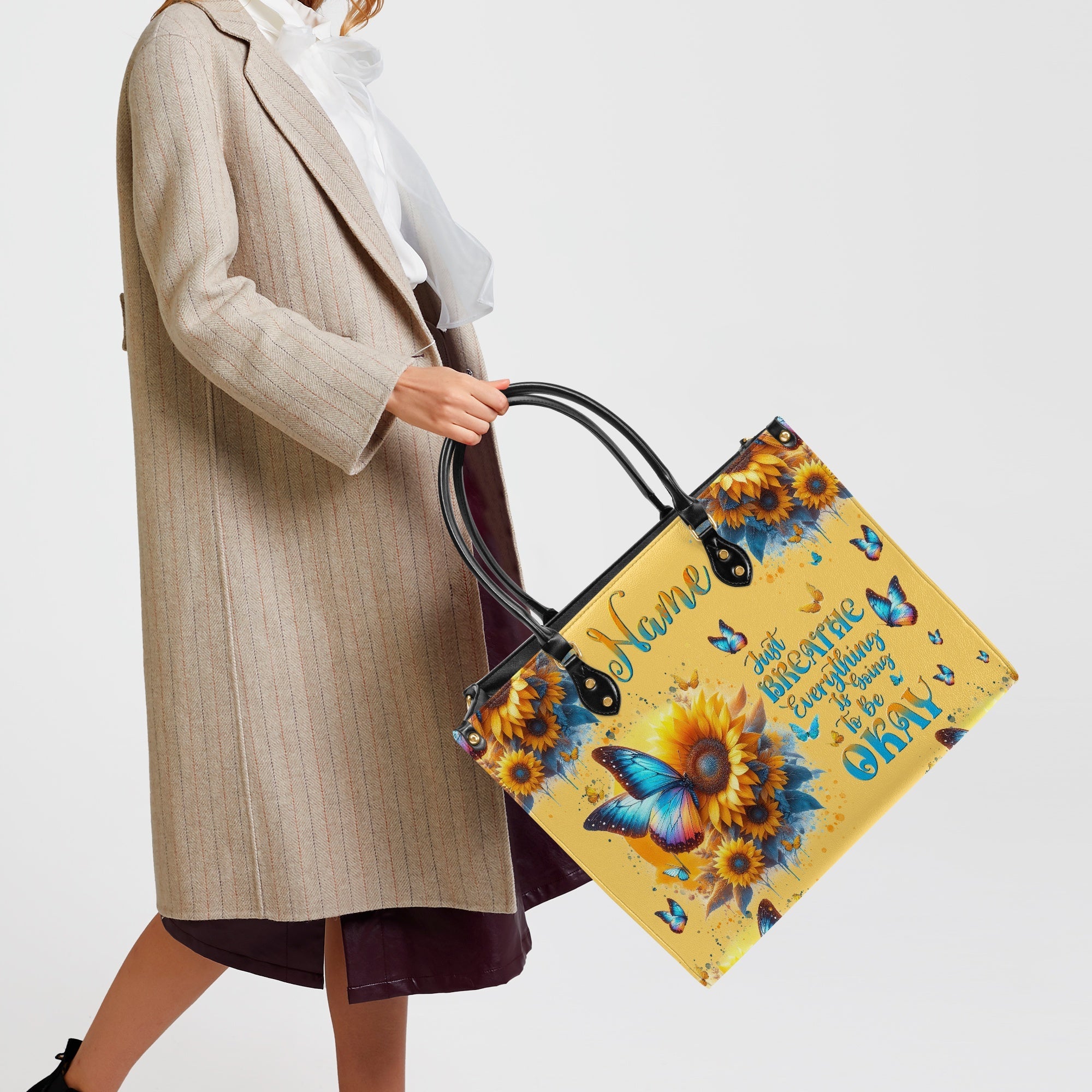Custom Name Just Breathe Yellow Sunflower Butterfly Personalized Leather Bag _6_ 4XsSK